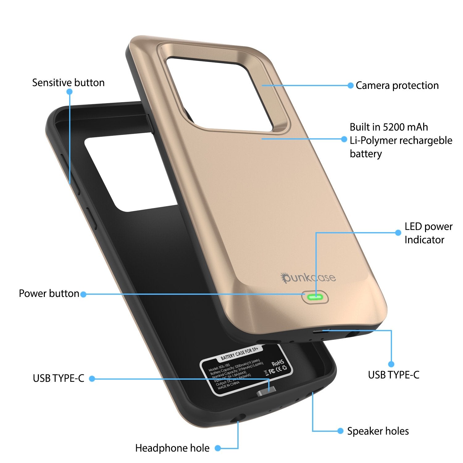 Galaxy S9 PLUS Integrated USB Port 5000mAH Battery Case | [Gold]