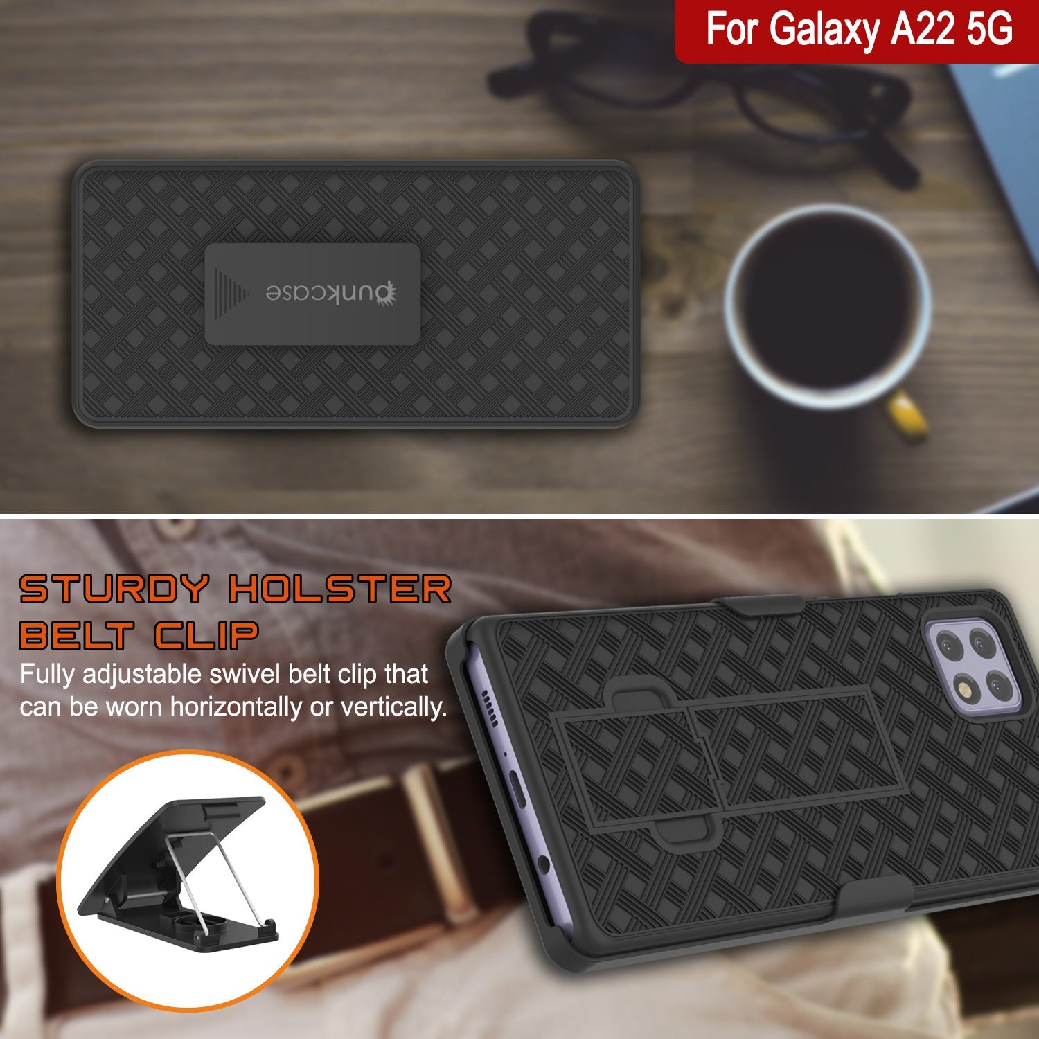 Punkcase Galaxy A22 5G Case With Screen Protector, Holster Belt Clip [Black]