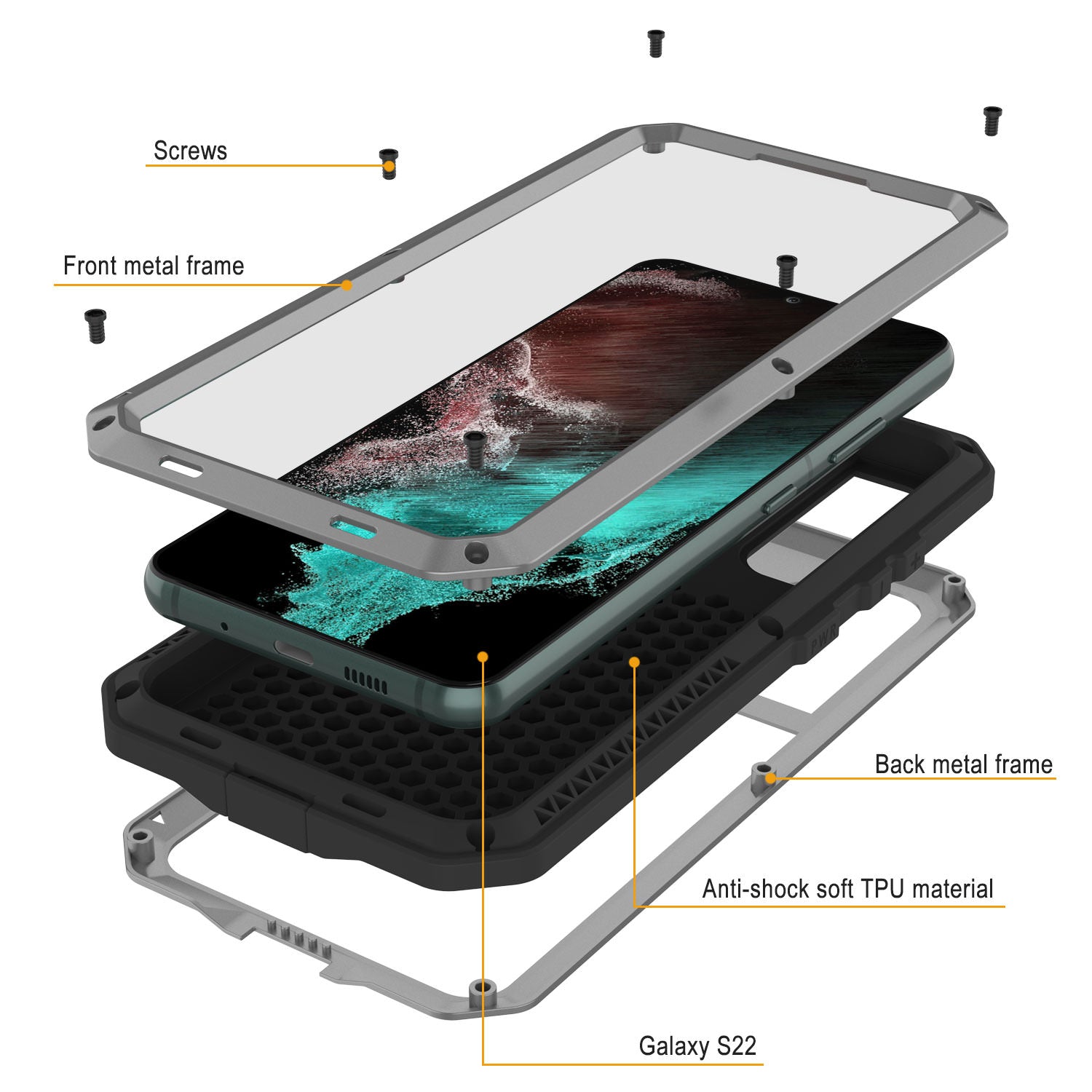 Galaxy S22 Metal Case, Heavy Duty Military Grade Rugged Armor Cover [Silver]