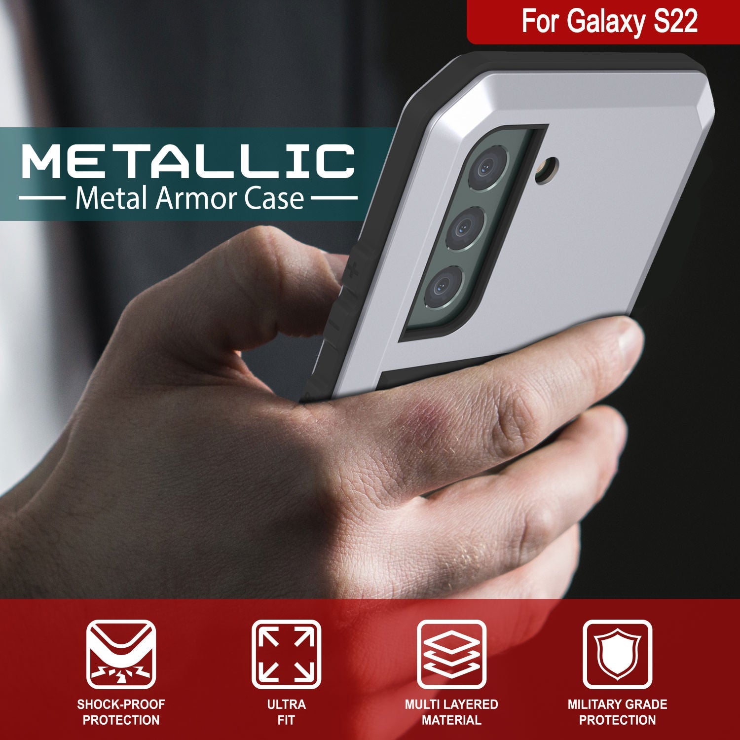 Galaxy S22 Metal Case, Heavy Duty Military Grade Rugged Armor Cover [White]