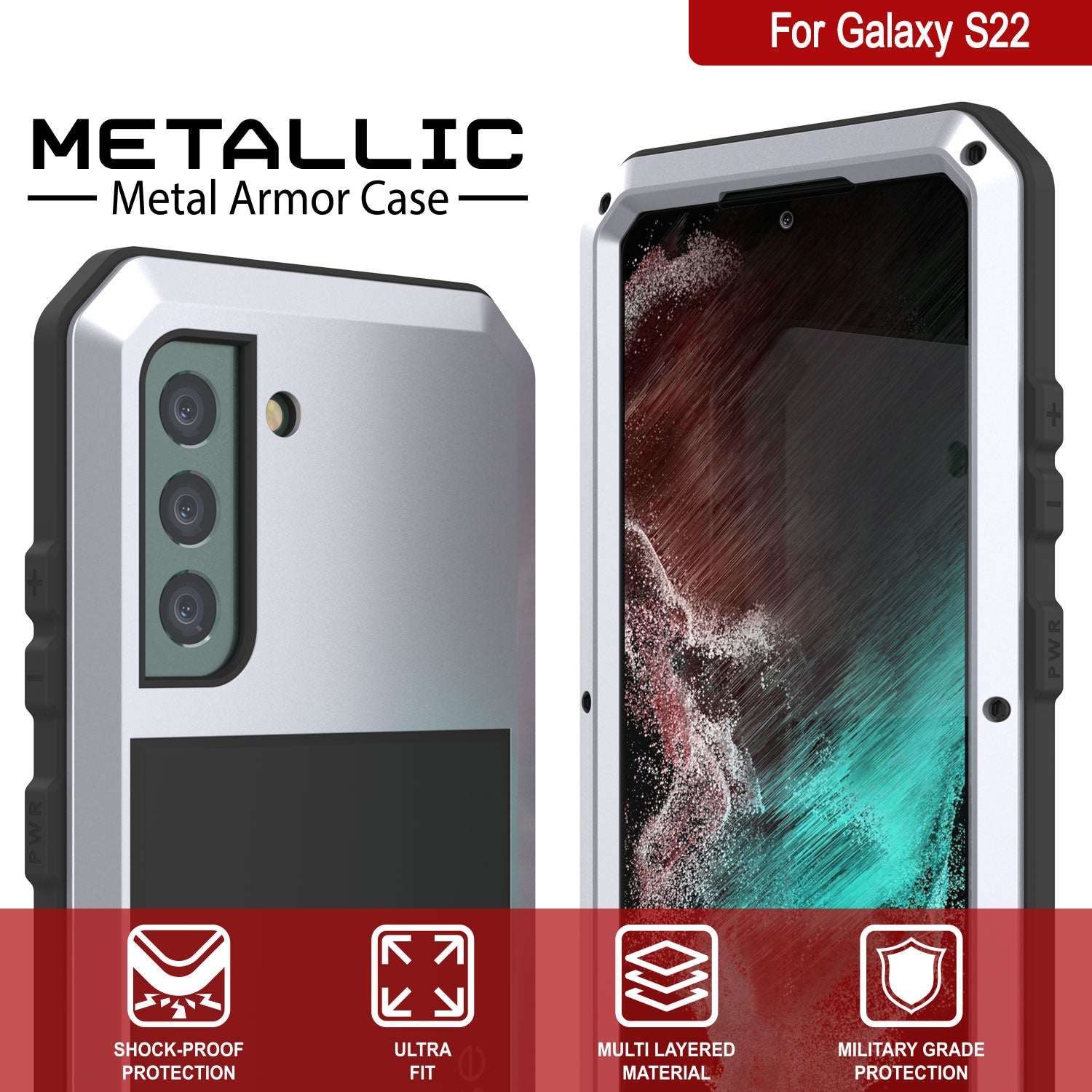 Galaxy S22 Metal Case, Heavy Duty Military Grade Rugged Armor Cover [White]