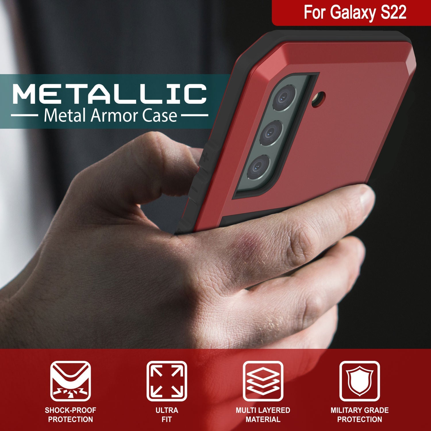 Galaxy S22 Metal Case, Heavy Duty Military Grade Rugged Armor Cover [Red]