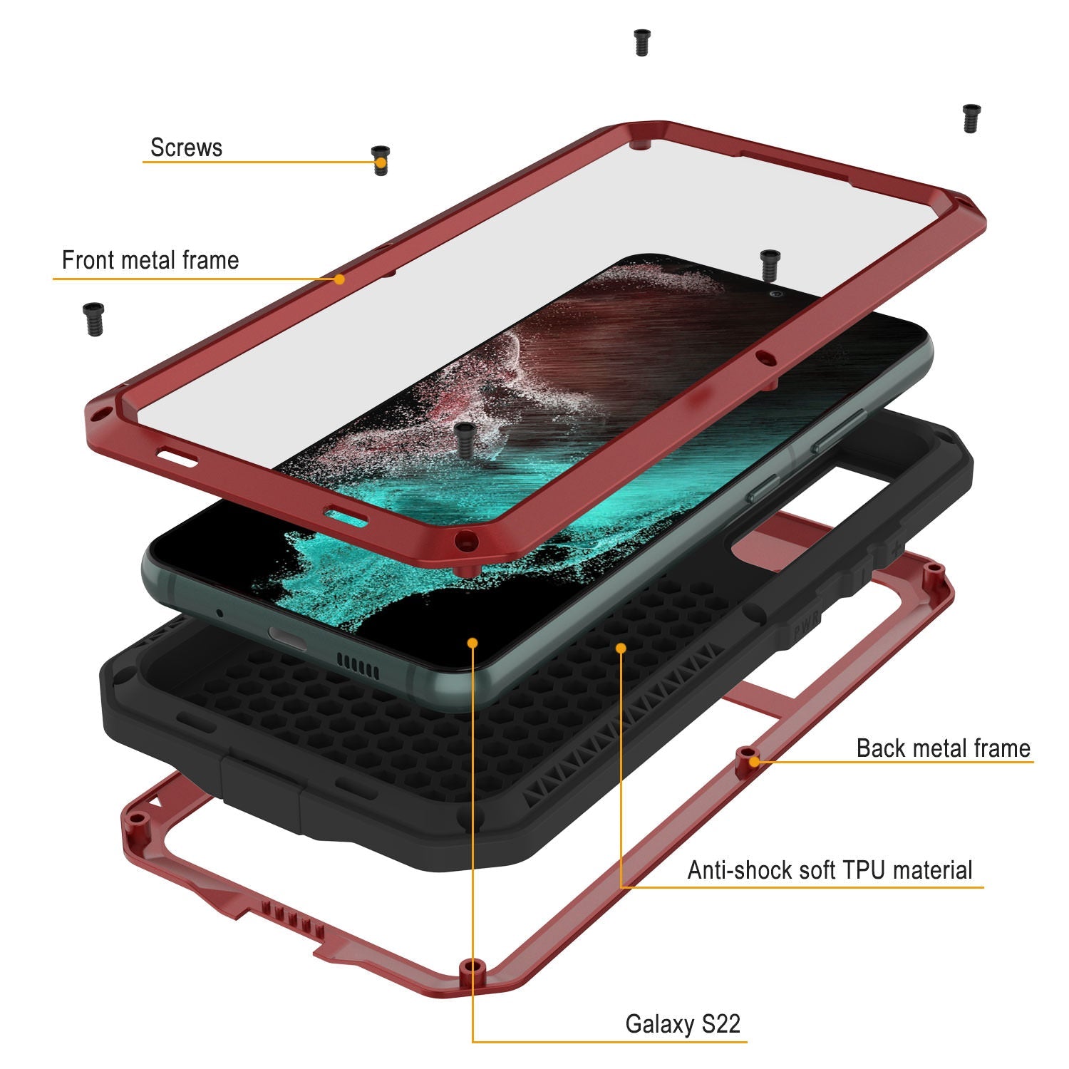 Galaxy S22 Metal Case, Heavy Duty Military Grade Rugged Armor Cover [Red]