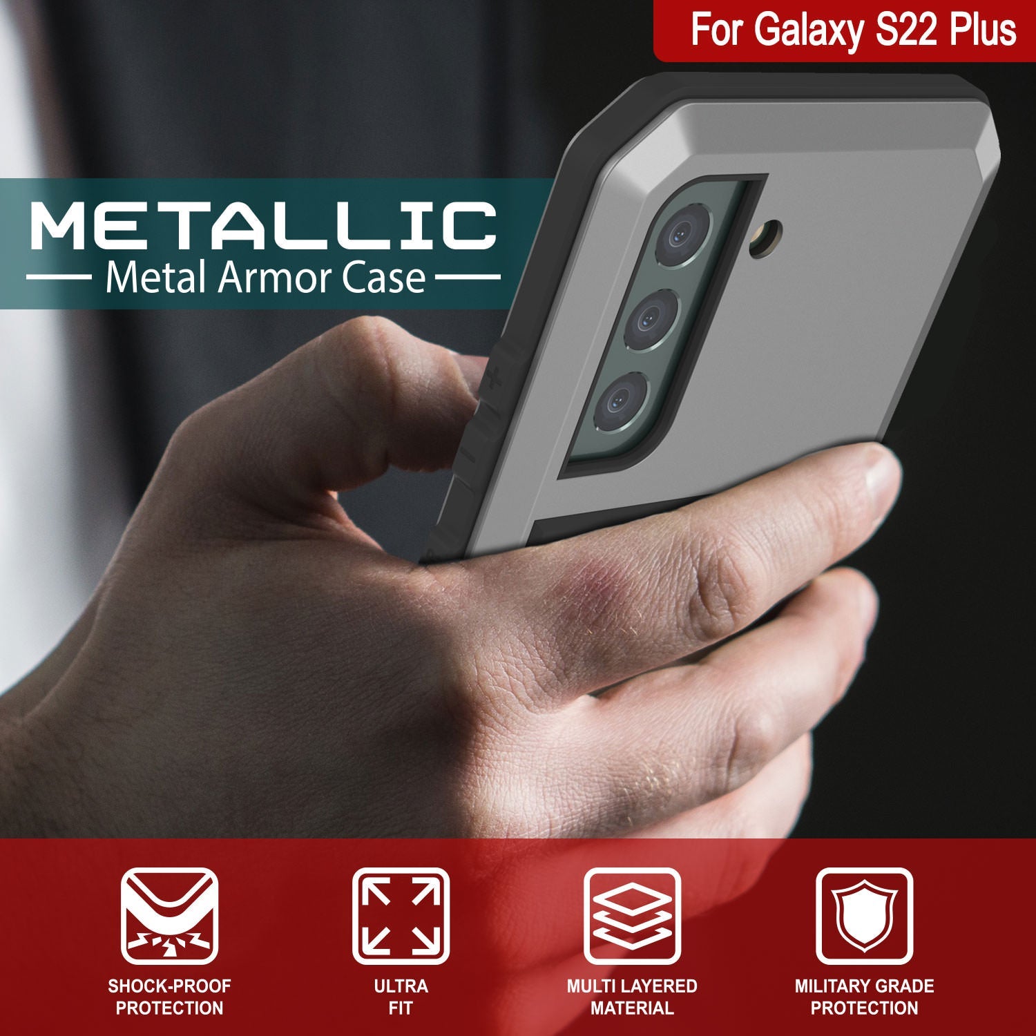 Galaxy S22+ Plus Metal Case, Heavy Duty Military Grade Rugged Armor Cover [Silver]