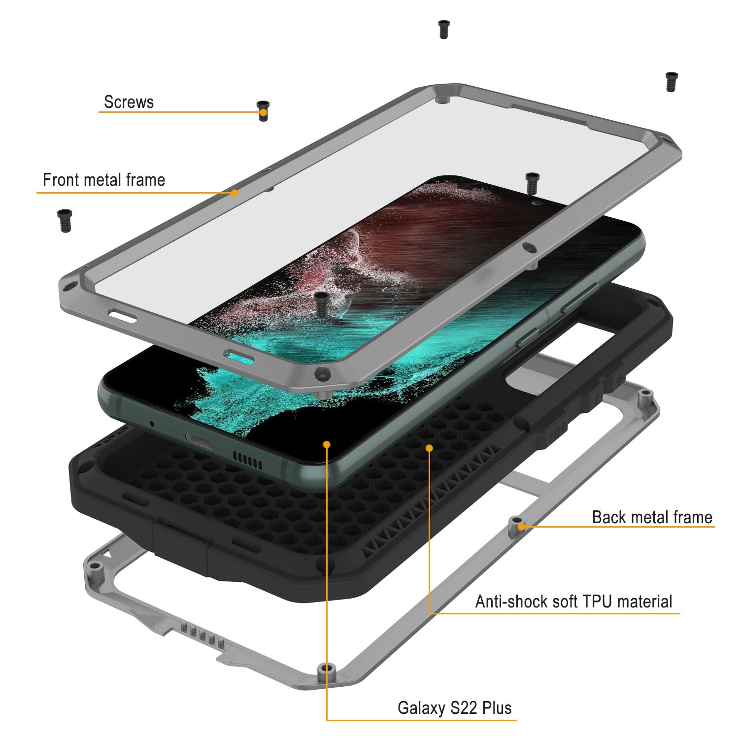 Galaxy S22+ Plus Metal Case, Heavy Duty Military Grade Rugged Armor Cover [Silver]