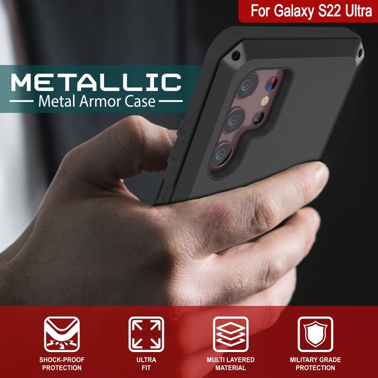 Galaxy S22 Ultra Metal Case, Heavy Duty Military Grade Rugged Armor Cover [Black]
