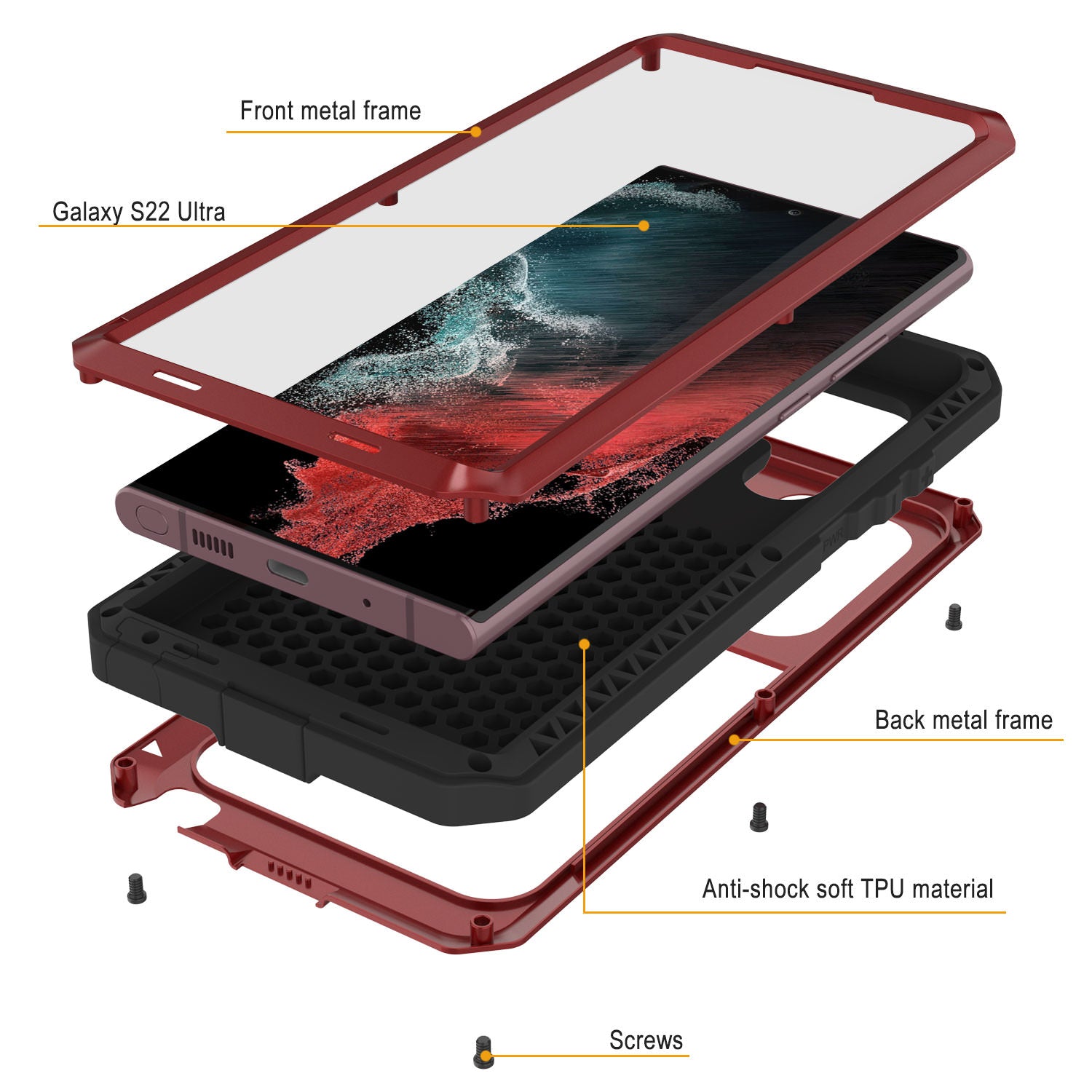 Galaxy S22 Ultra Metal Case, Heavy Duty Military Grade Rugged Armor Cover [Red]