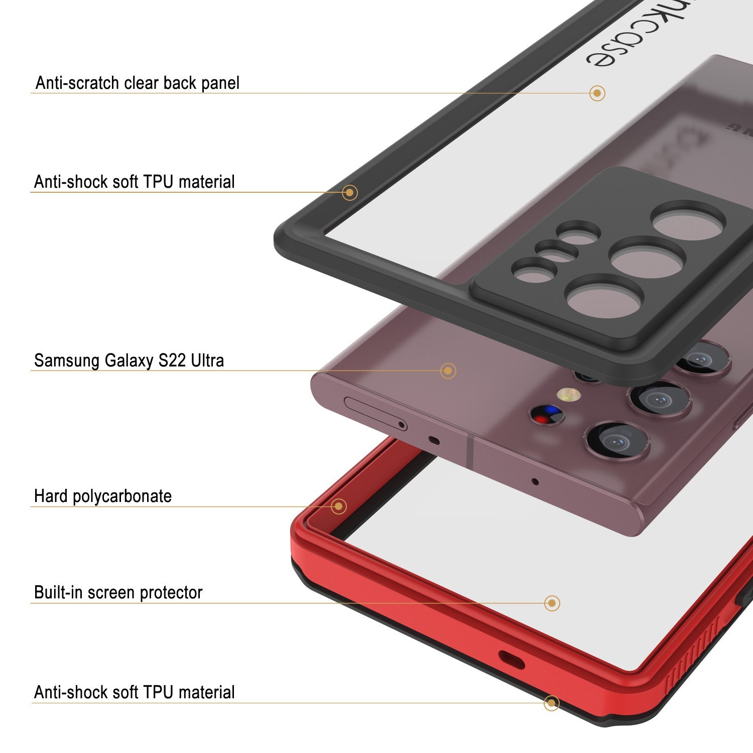 Galaxy S22 Ultra Waterproof Case PunkCase Ultimato Red Thin 6.6ft Underwater IP68 Shock/Snow Proof [Red]