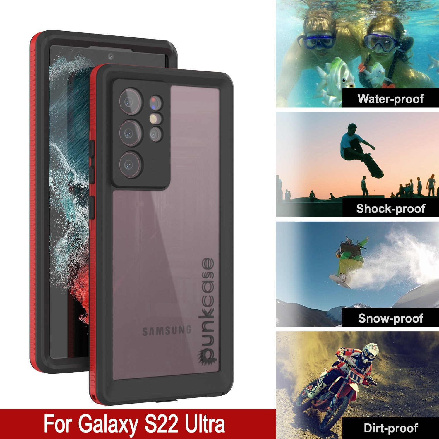 Galaxy S22 Ultra Waterproof Case PunkCase Ultimato Red Thin 6.6ft Underwater IP68 Shock/Snow Proof [Red]