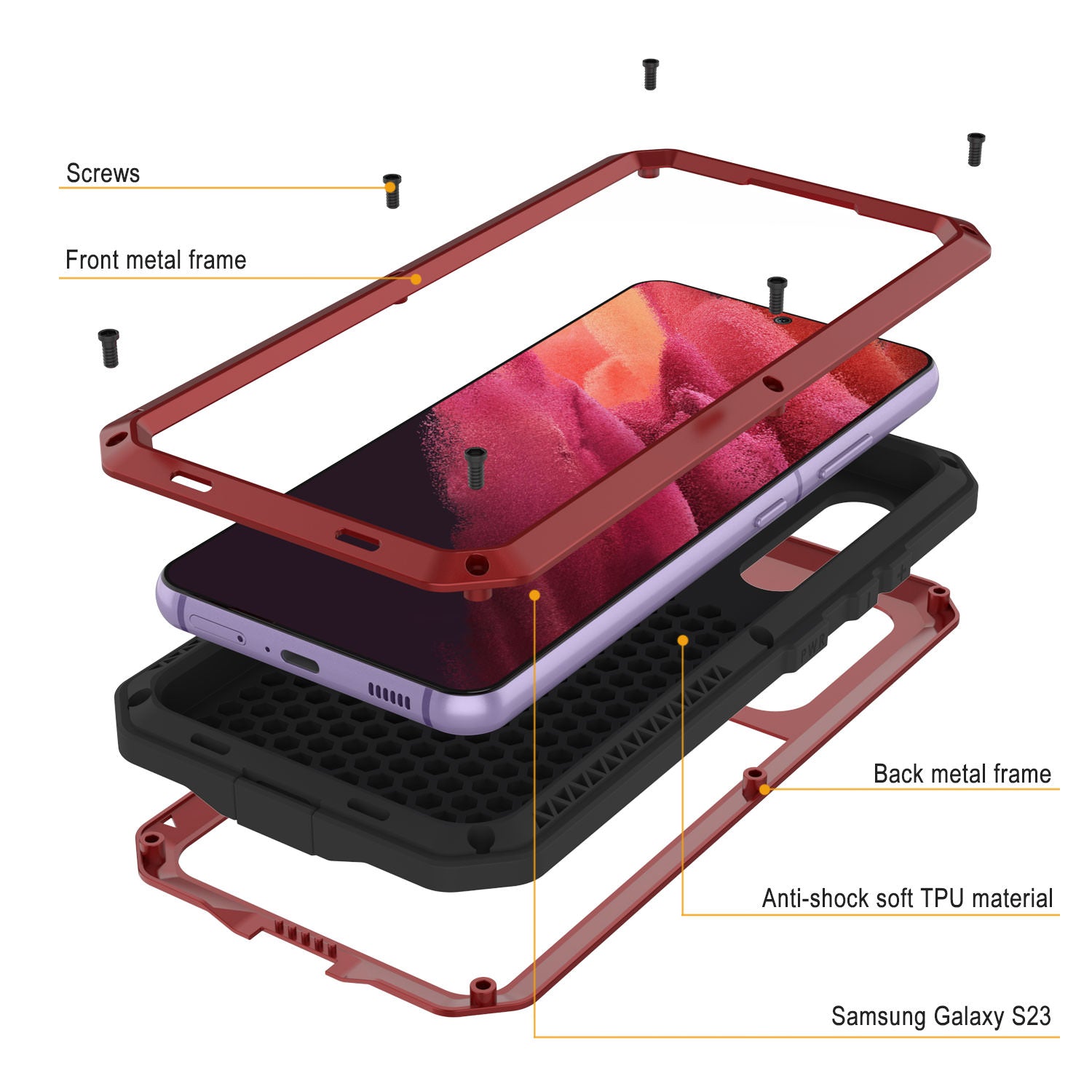 Galaxy S23 Metal Case, Heavy Duty Military Grade Armor Cover [shock proof] Full Body Hard [Red]