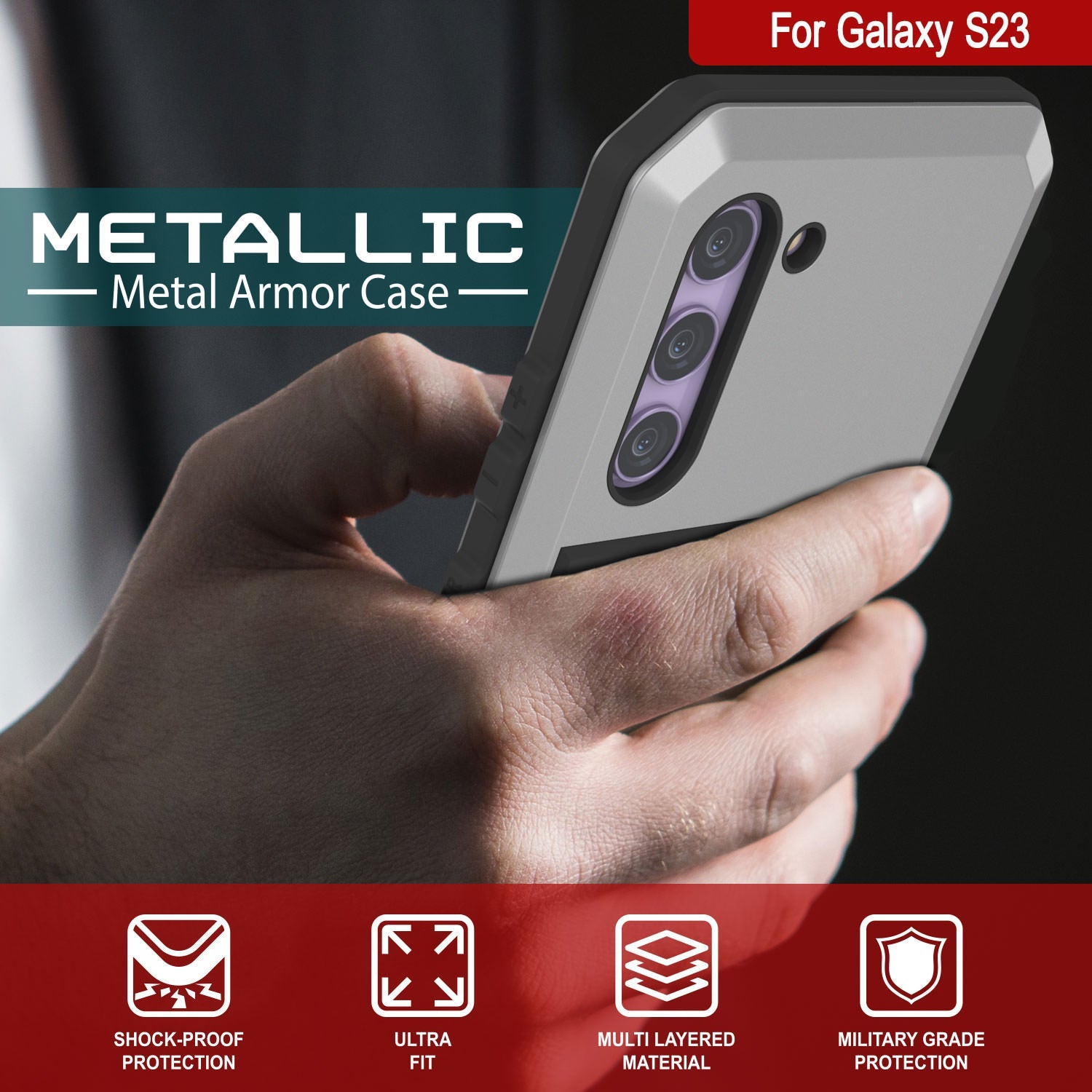 Galaxy S23 Metal Case, Heavy Duty Military Grade Armor Cover [shock proof] Full Body Hard [Silver]