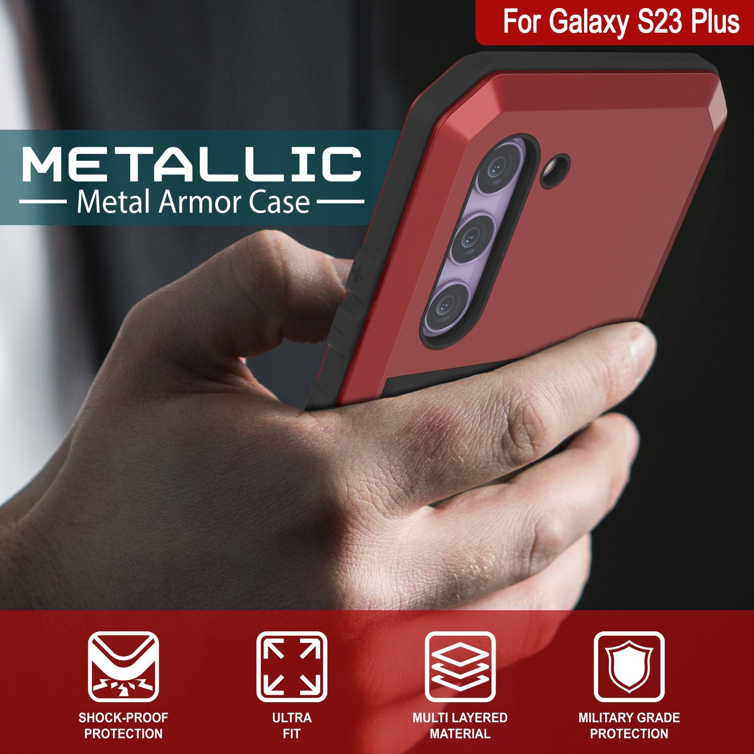 Galaxy S23+ Plus Metal Case, Heavy Duty Military Grade Armor Cover [shock proof] Full Body Hard [Red]