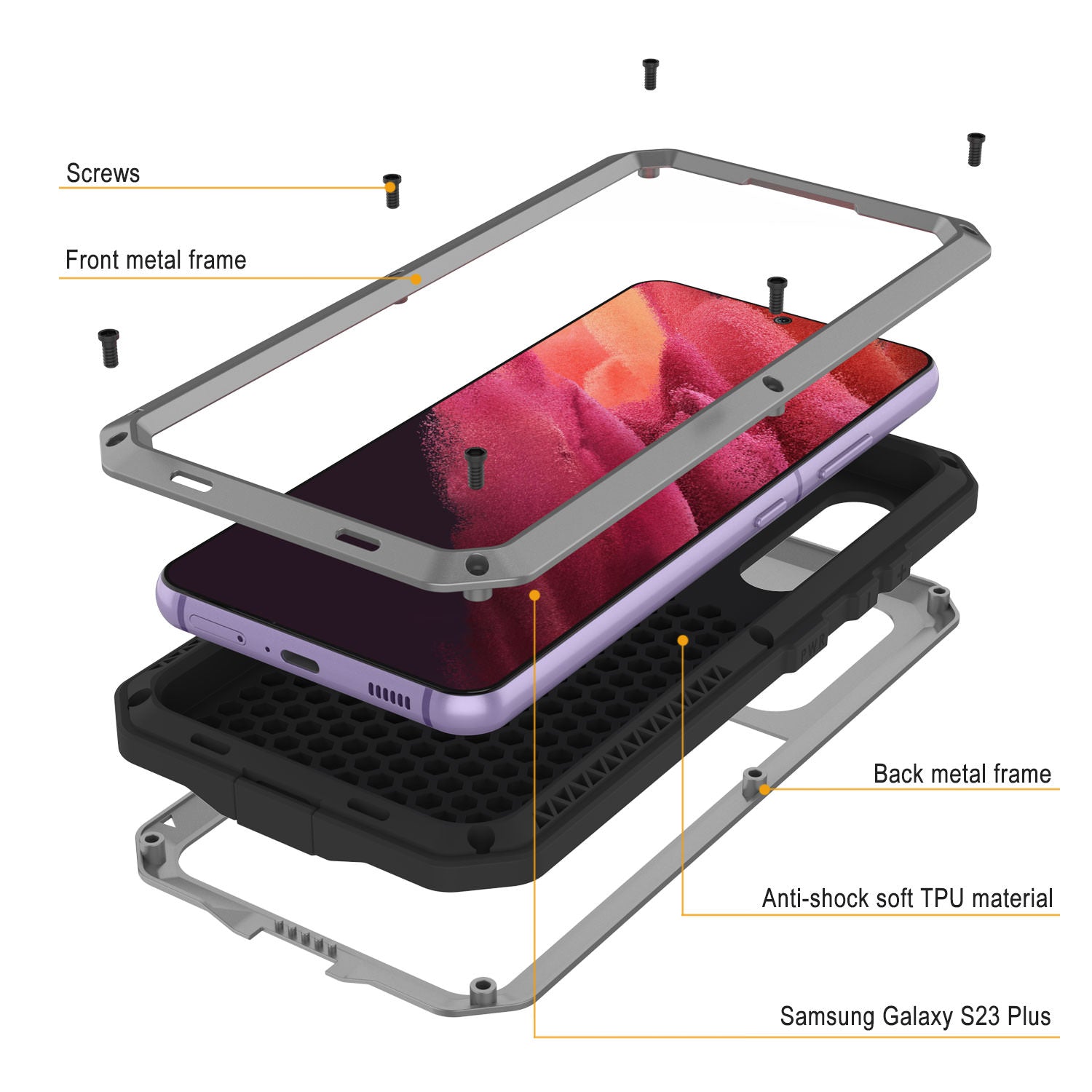 Galaxy S23+ Plus Metal Case, Heavy Duty Military Grade Armor Cover [shock proof] Full Body Hard [Silver]