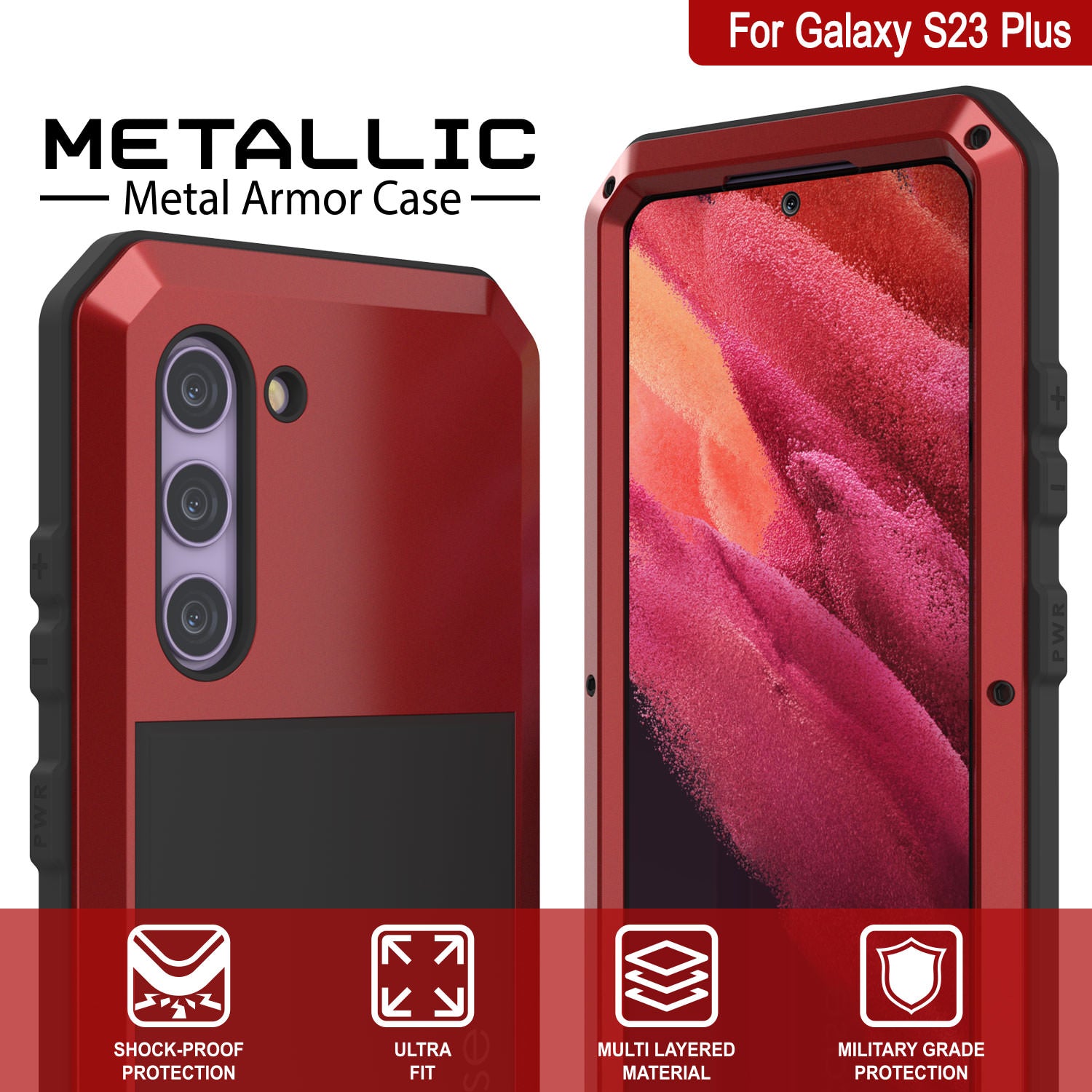 Galaxy S23+ Plus Metal Case, Heavy Duty Military Grade Armor Cover [shock proof] Full Body Hard [Red]