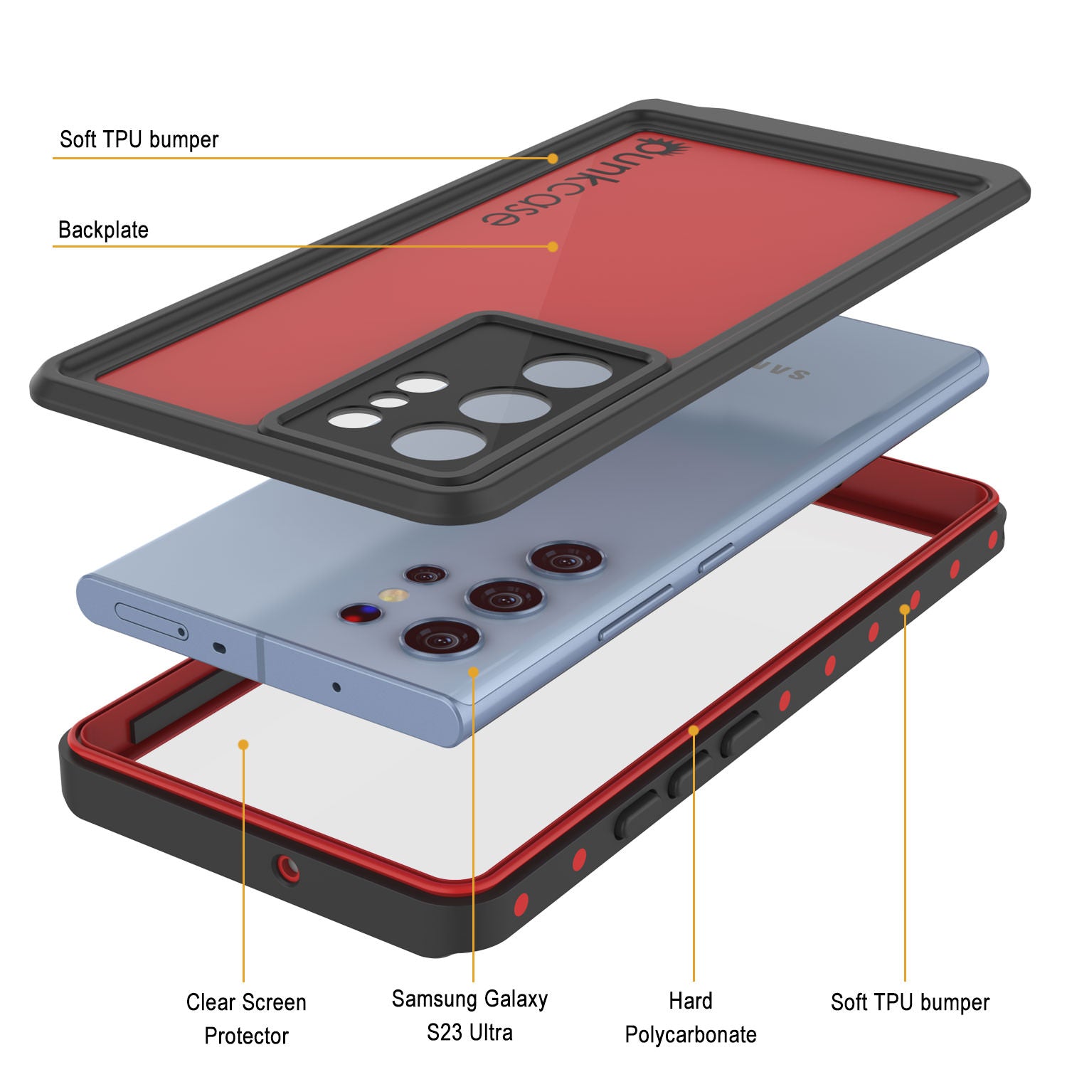 Galaxy S23 Ultra Waterproof Case PunkCase StudStar Red Thin 6.6ft Underwater IP68 Shock/Snow Proof