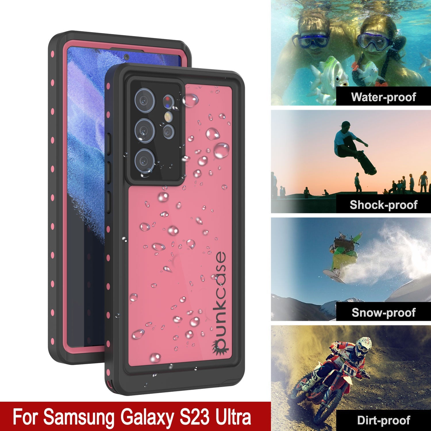 Galaxy S23 Ultra Waterproof Case PunkCase StudStar Pink Thin 6.6ft Underwater IP68 Shock/Snow Proof