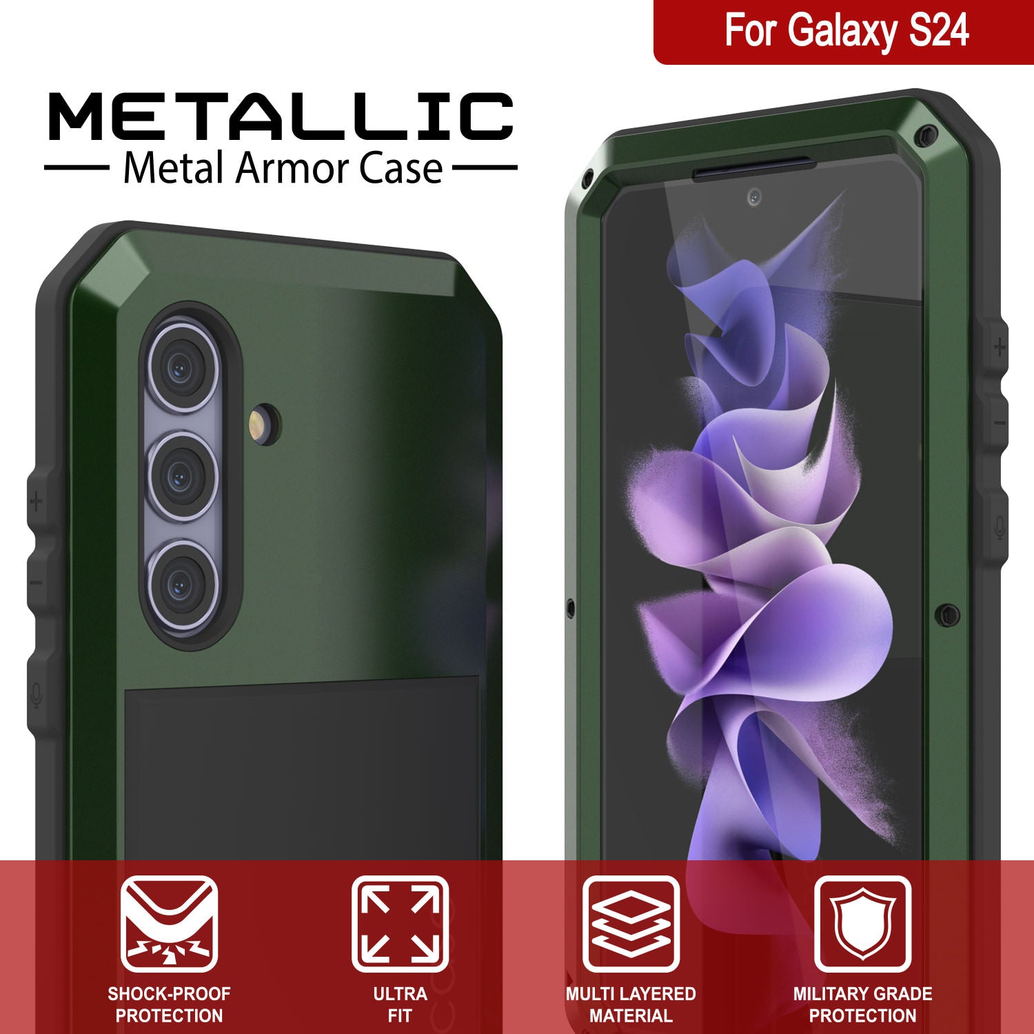 Galaxy S24 Metal Case, Heavy Duty Military Grade Armor Cover [shock proof] Full Body Hard [Dark Green]