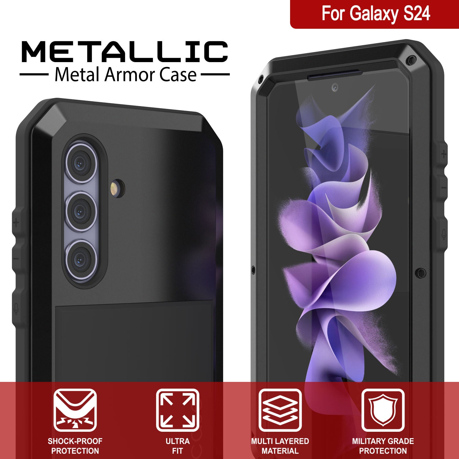 Galaxy S24 Metal Case, Heavy Duty Military Grade Armor Cover [shock proof] Full Body Hard [Black]