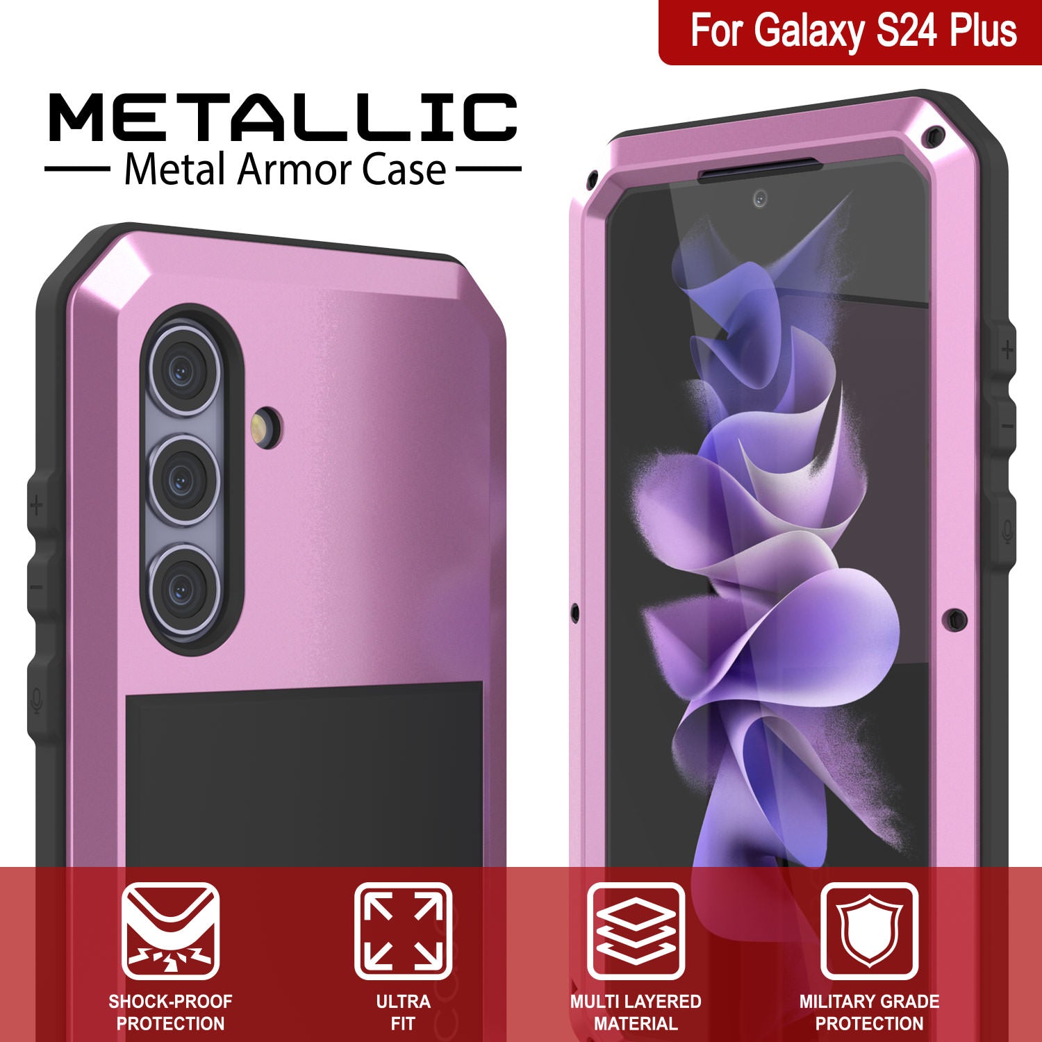 Galaxy S24 Plus Metal Case, Heavy Duty Military Grade Armor Cover [shock proof] Full Body Hard [Pink]