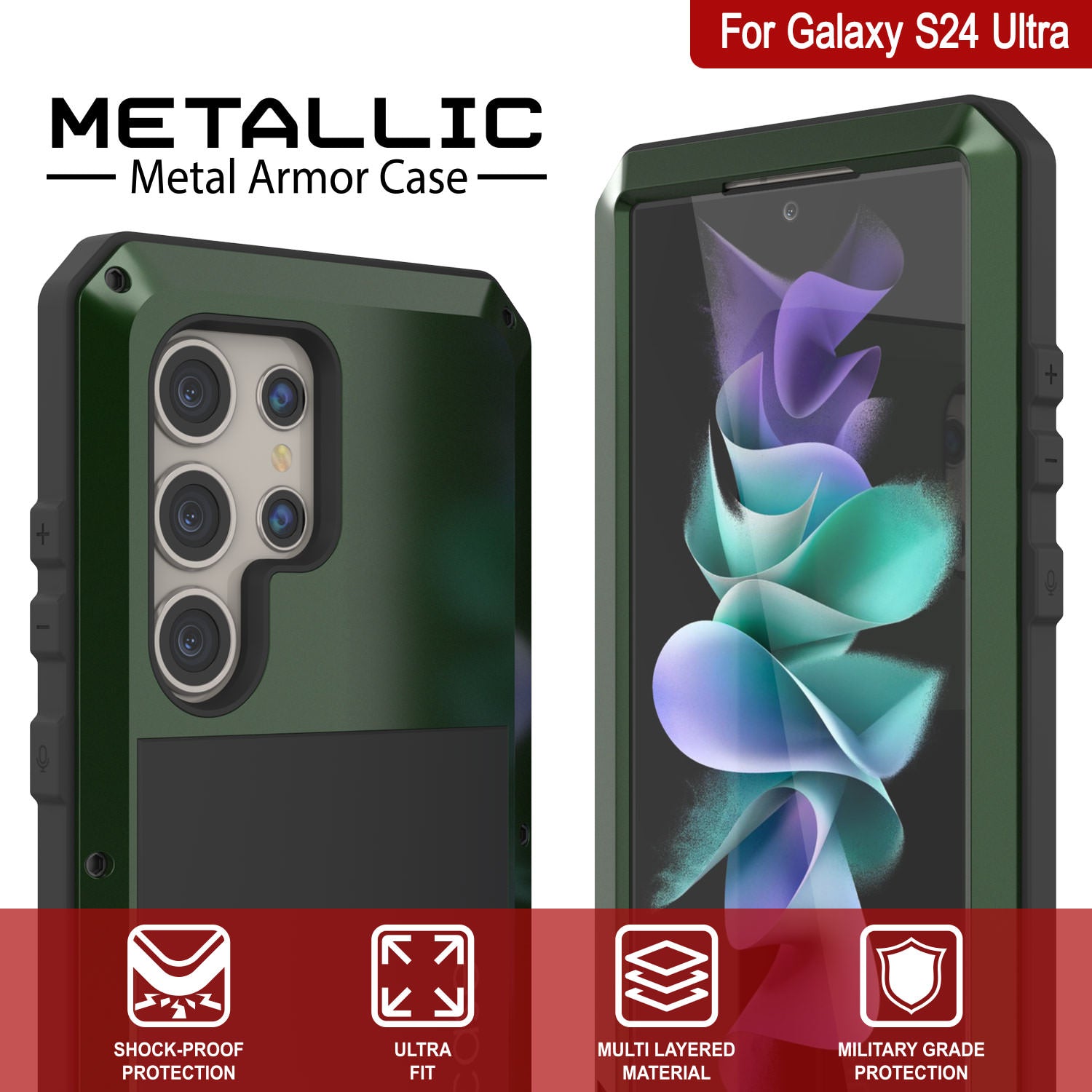 Galaxy S24 Ultra Metal Case, Heavy Duty Military Grade Armor Cover [shock proof] Full Body Hard [Dark Green]