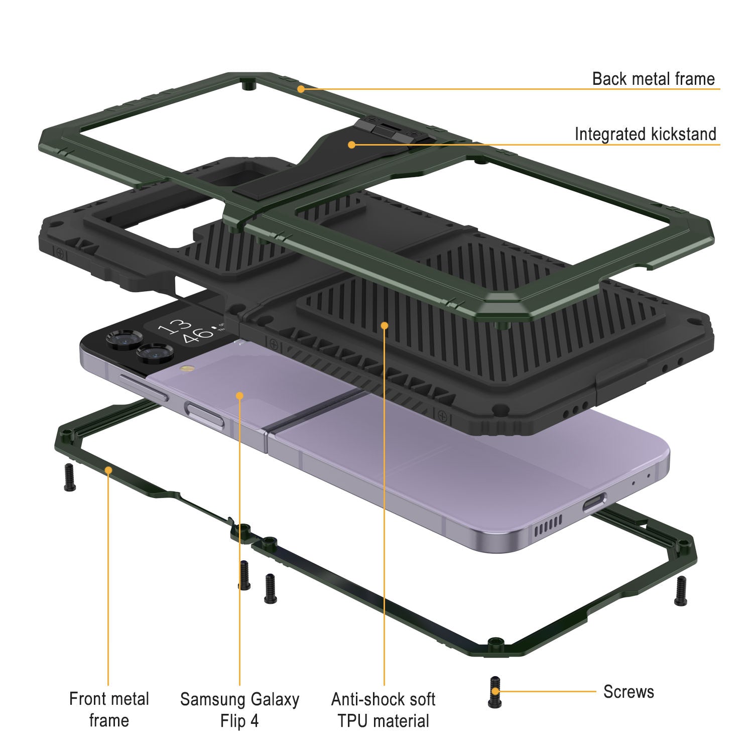 Galaxy Z Flip4 Metal Case, Heavy Duty Military Grade Armor Cover Full Body Hard [Dark Green]