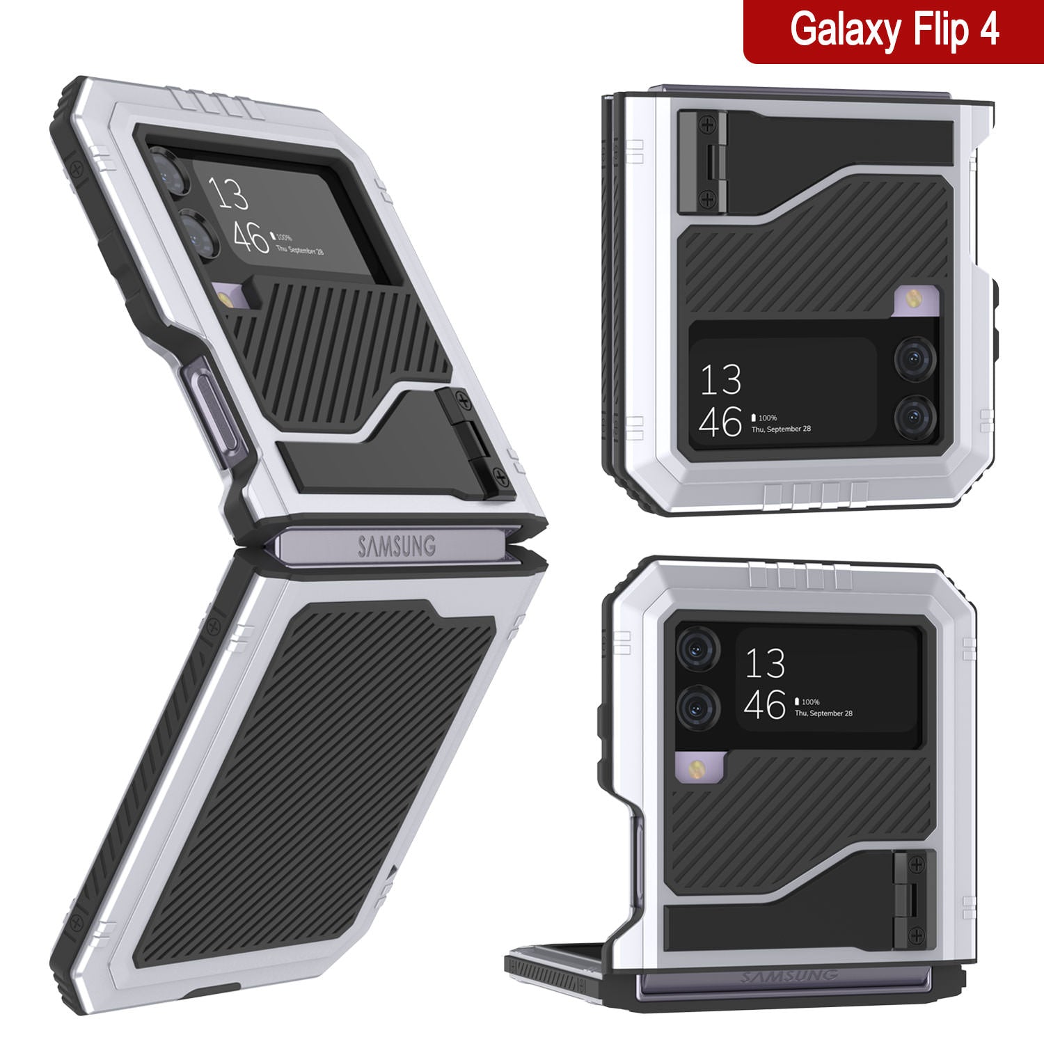 Galaxy Z Flip4 Metal Case, Heavy Duty Military Grade Armor Cover Full Body Hard [White]