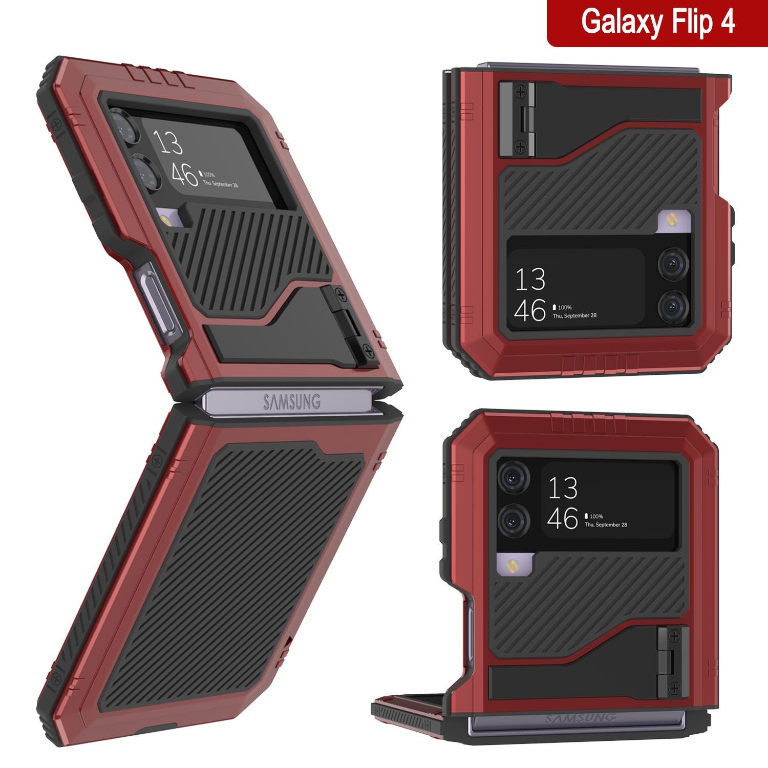 Galaxy Z Flip4 Metal Case, Heavy Duty Military Grade Armor Cover Full Body Hard [Red]