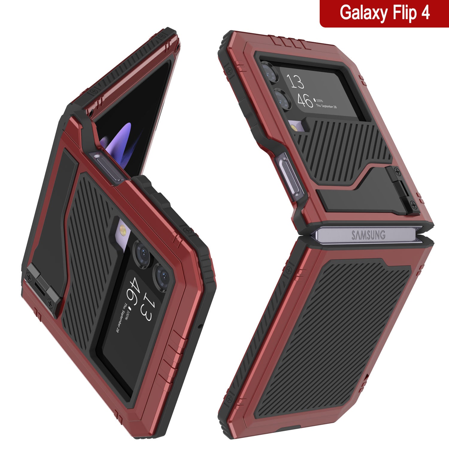 Galaxy Z Flip4 Metal Case, Heavy Duty Military Grade Armor Cover Full Body Hard [Red]