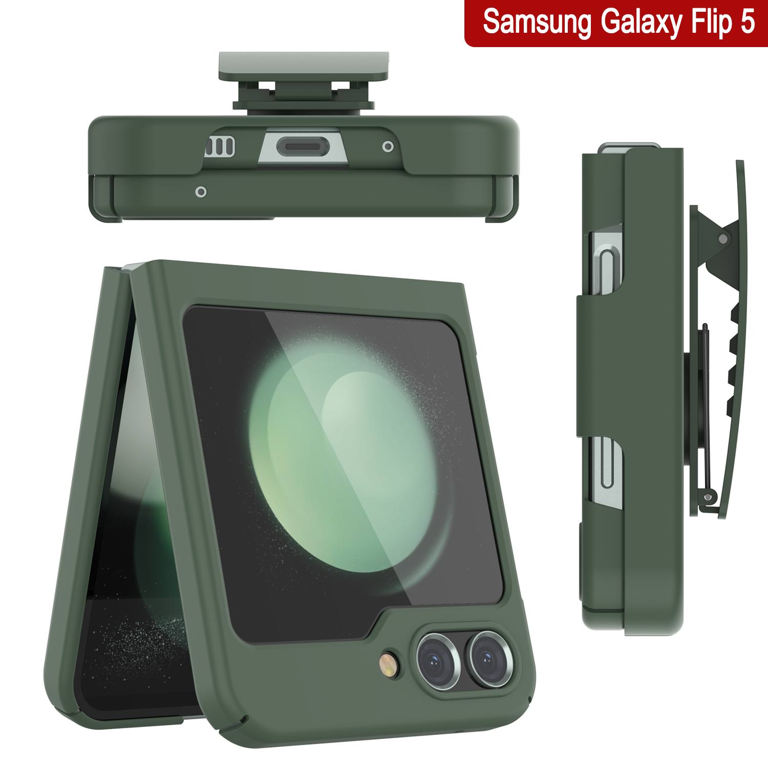 Galaxy Z Flip5 Case With Tempered Glass Screen Protector, Holster Belt Clip & Built-In Kickstand [Green]