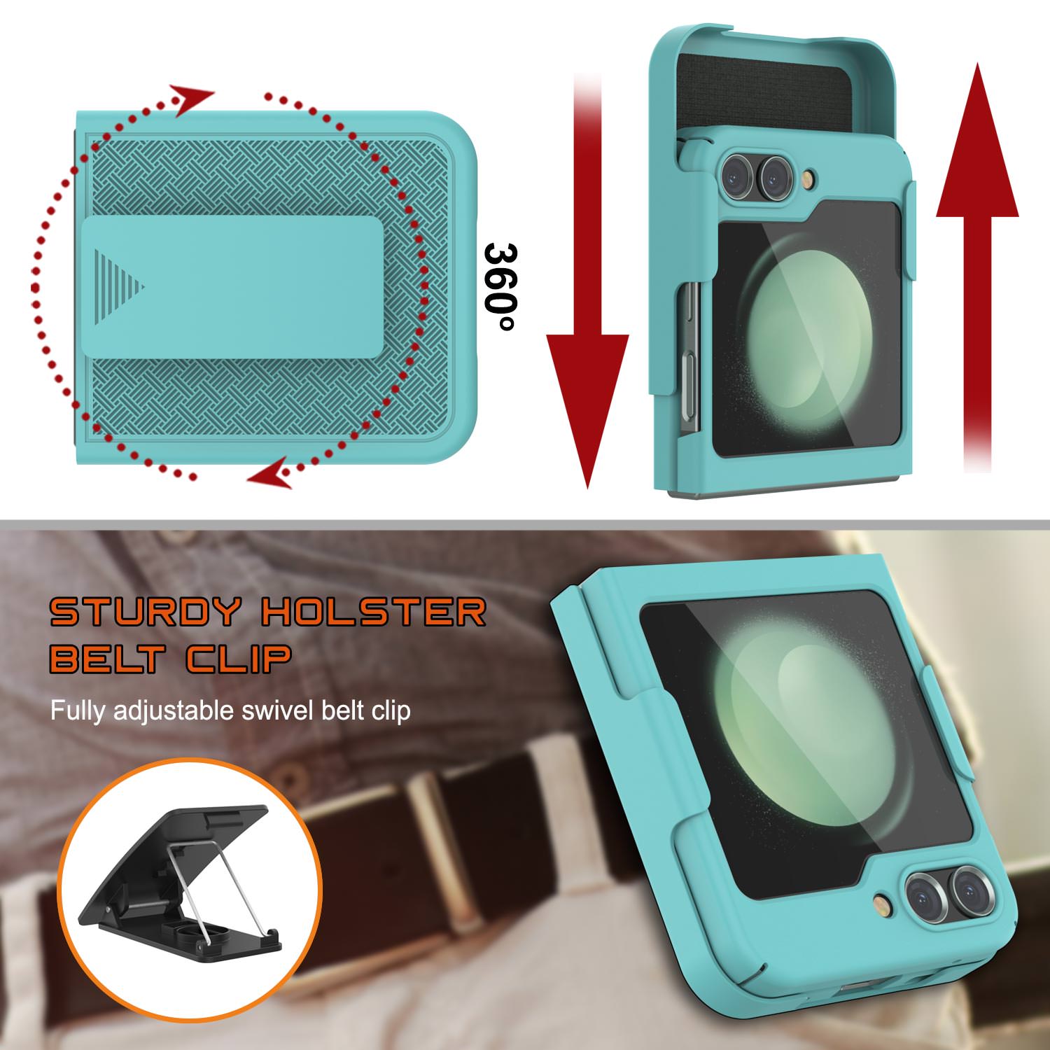 Galaxy Z Flip5 Case With Tempered Glass Screen Protector, Holster Belt Clip & Built-In Kickstand [Teal]