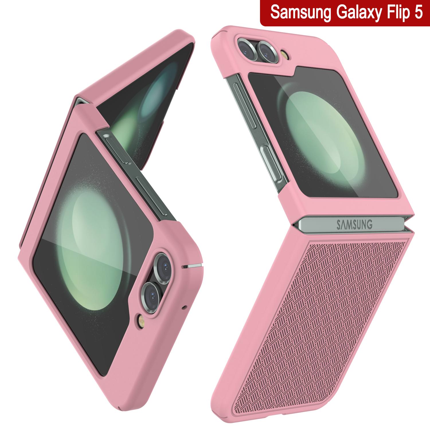 Galaxy Z Flip5 Case With Tempered Glass Screen Protector, Holster Belt Clip & Built-In Kickstand [Pink]