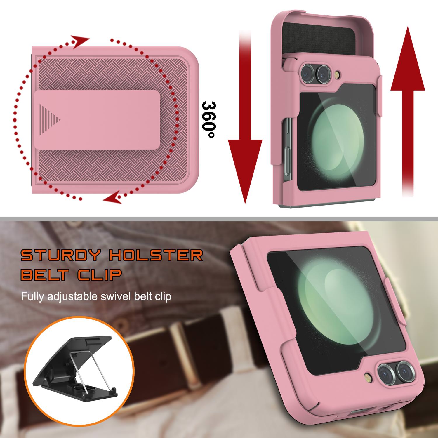 Galaxy Z Flip5 Case With Tempered Glass Screen Protector, Holster Belt Clip & Built-In Kickstand [Pink]