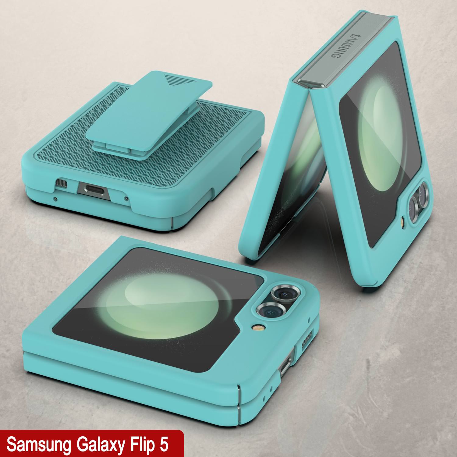 Galaxy Z Flip5 Case With Tempered Glass Screen Protector, Holster Belt Clip & Built-In Kickstand [Teal]