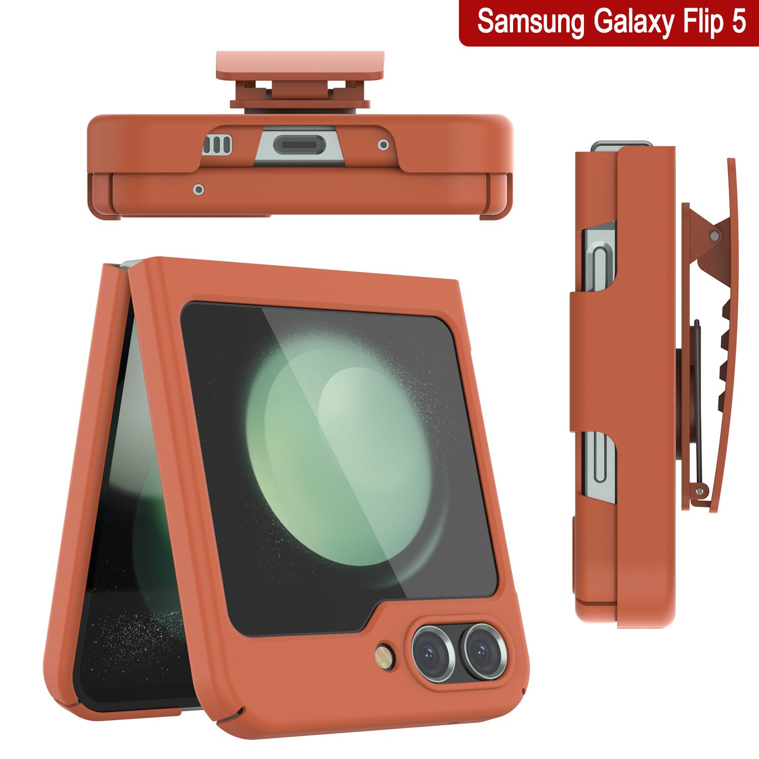 Galaxy Z Flip5 Case With Tempered Glass Screen Protector, Holster Belt Clip & Built-In Kickstand [Orange]