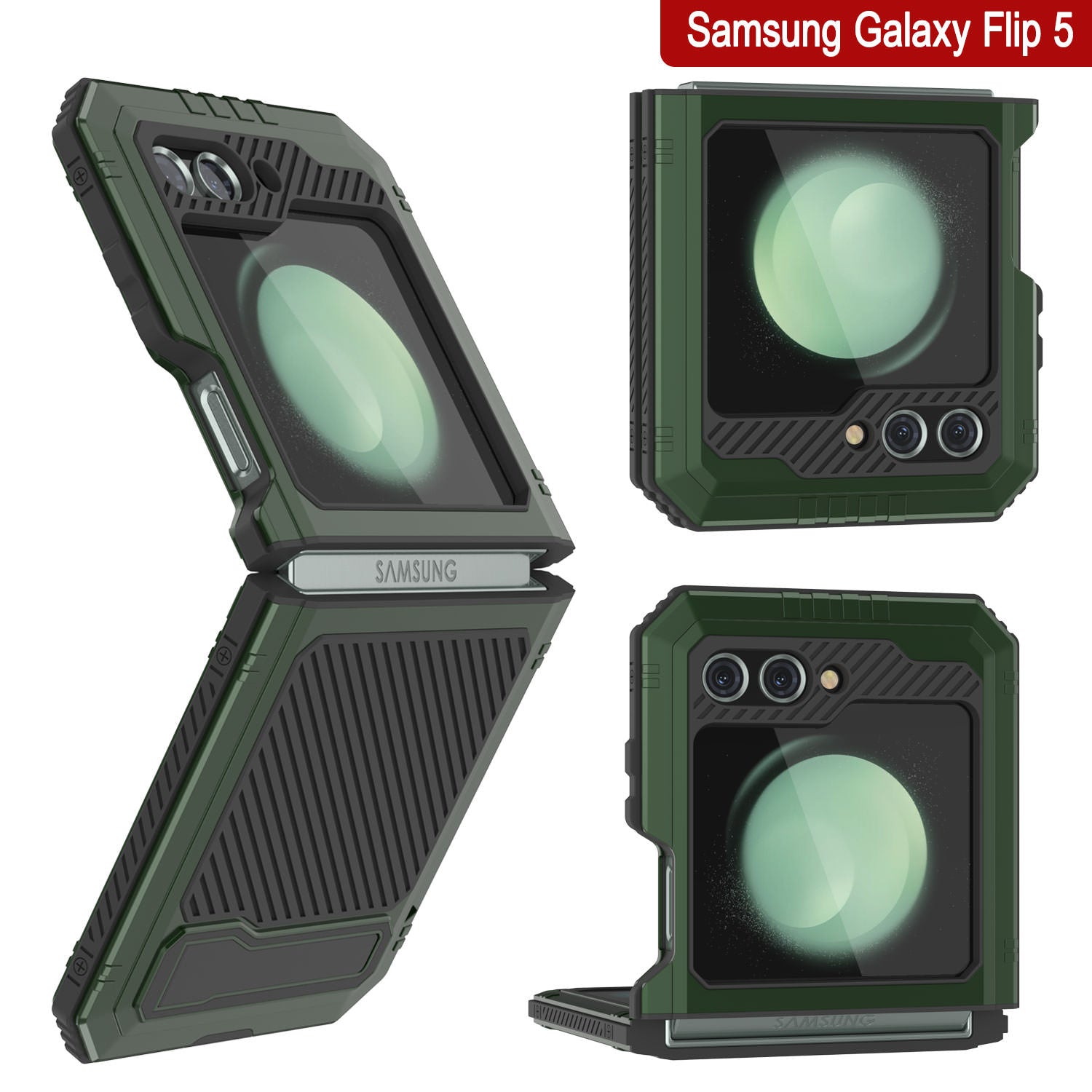 Galaxy Z Flip5 Metal Case, Heavy Duty Military Grade Armor Cover Full Body Hard [Dark Green]