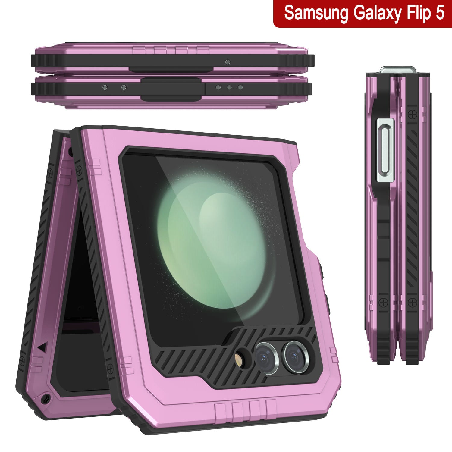 Galaxy Z Flip5 Metal Case, Heavy Duty Military Grade Armor Cover Full Body Hard [Pink]