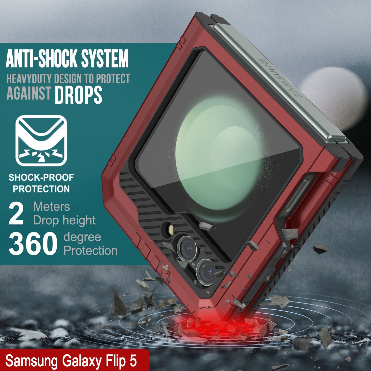 Galaxy Z Flip5 Metal Case, Heavy Duty Military Grade Armor Cover Full Body Hard [Red]