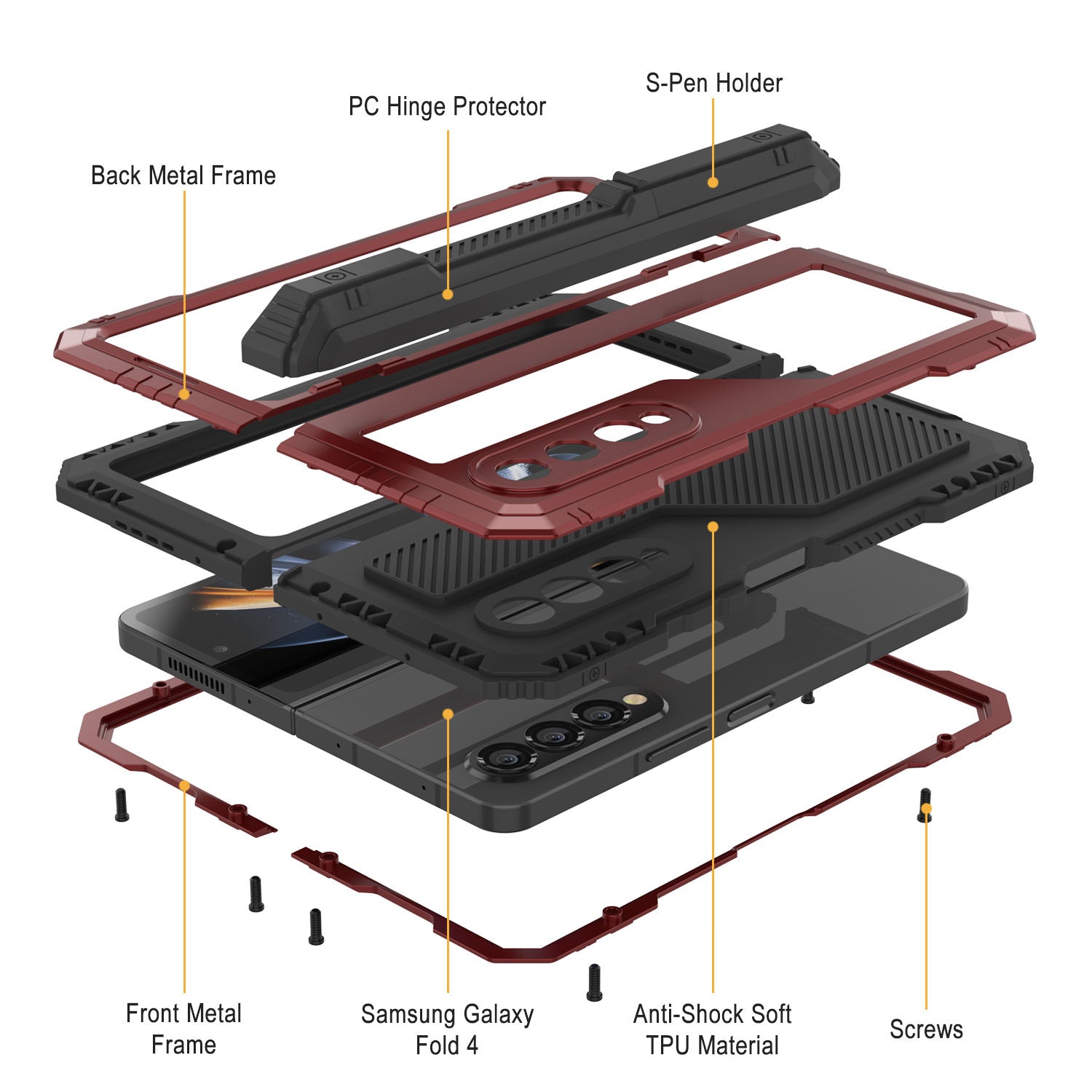 Galaxy Z Fold4 Metal Case, Heavy Duty Military Grade Armor Cover Full Body Hard [Red]