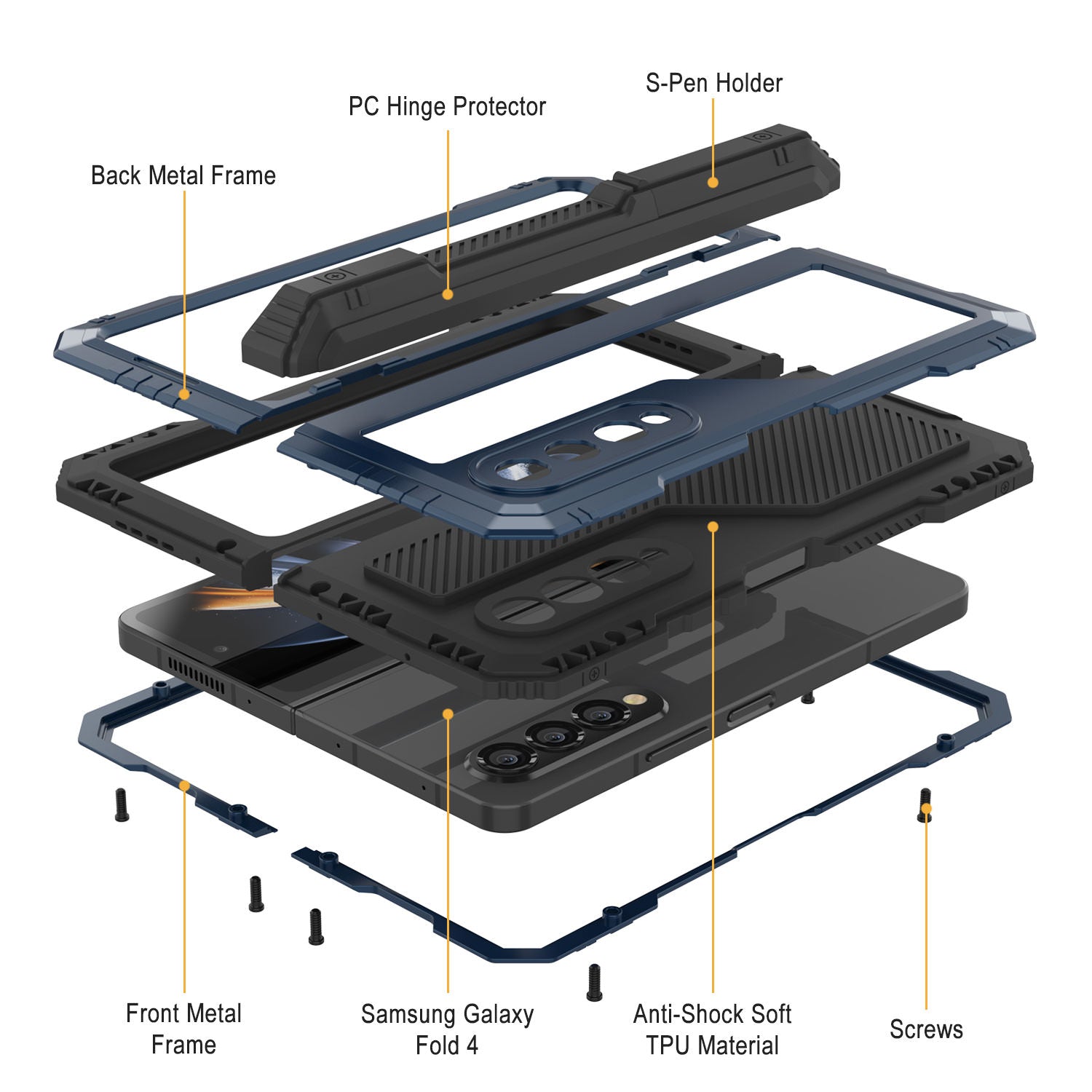 Galaxy Z Fold4 Metal Case, Heavy Duty Military Grade Armor Cover Full Body Hard [Blue]