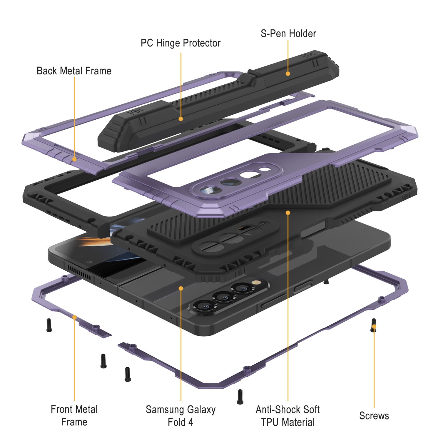Galaxy Z Fold4 Metal Case, Heavy Duty Military Grade Armor Cover Full Body Hard [Purple]