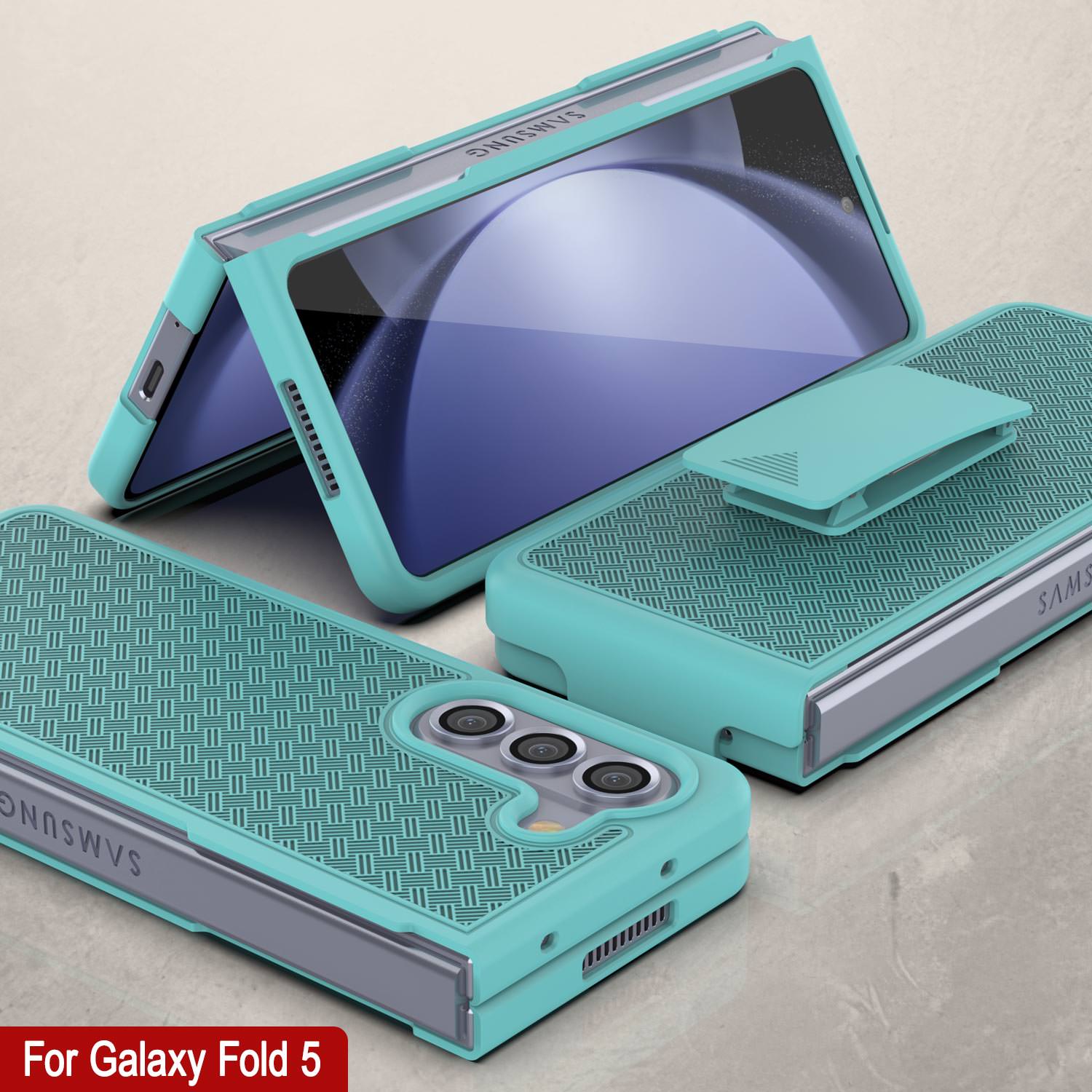 Galaxy Z Fold5 Case With Tempered Glass Screen Protector, Holster Belt Clip & Built-In Kickstand [Teal]