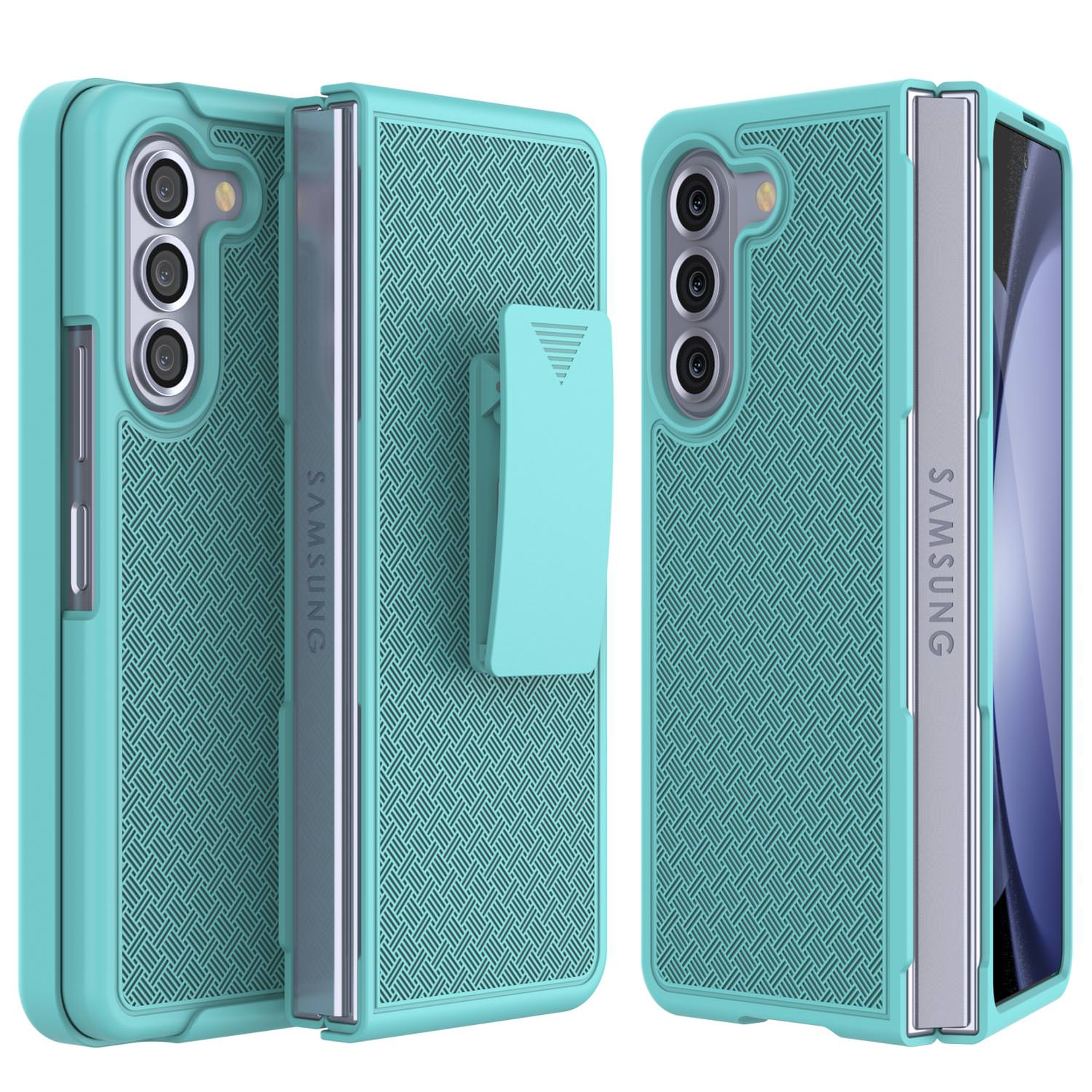 Galaxy Z Fold5 Case With Tempered Glass Screen Protector, Holster Belt Clip & Built-In Kickstand [Teal]