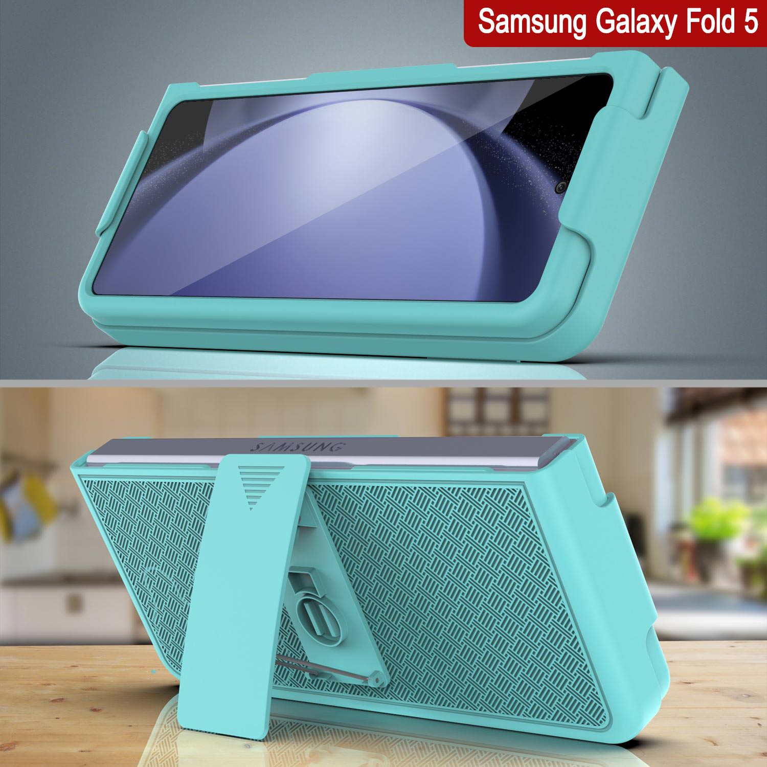 Galaxy Z Fold5 Case With Tempered Glass Screen Protector, Holster Belt Clip & Built-In Kickstand [Teal]