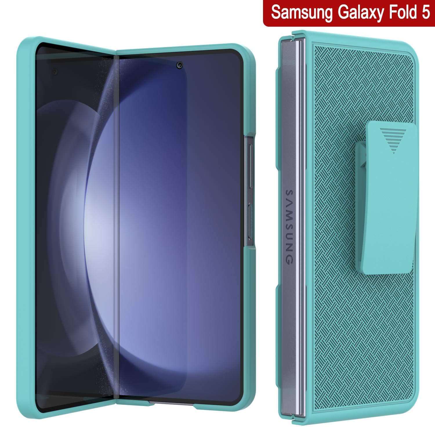 Galaxy Z Fold5 Case With Tempered Glass Screen Protector, Holster Belt Clip & Built-In Kickstand [Teal]