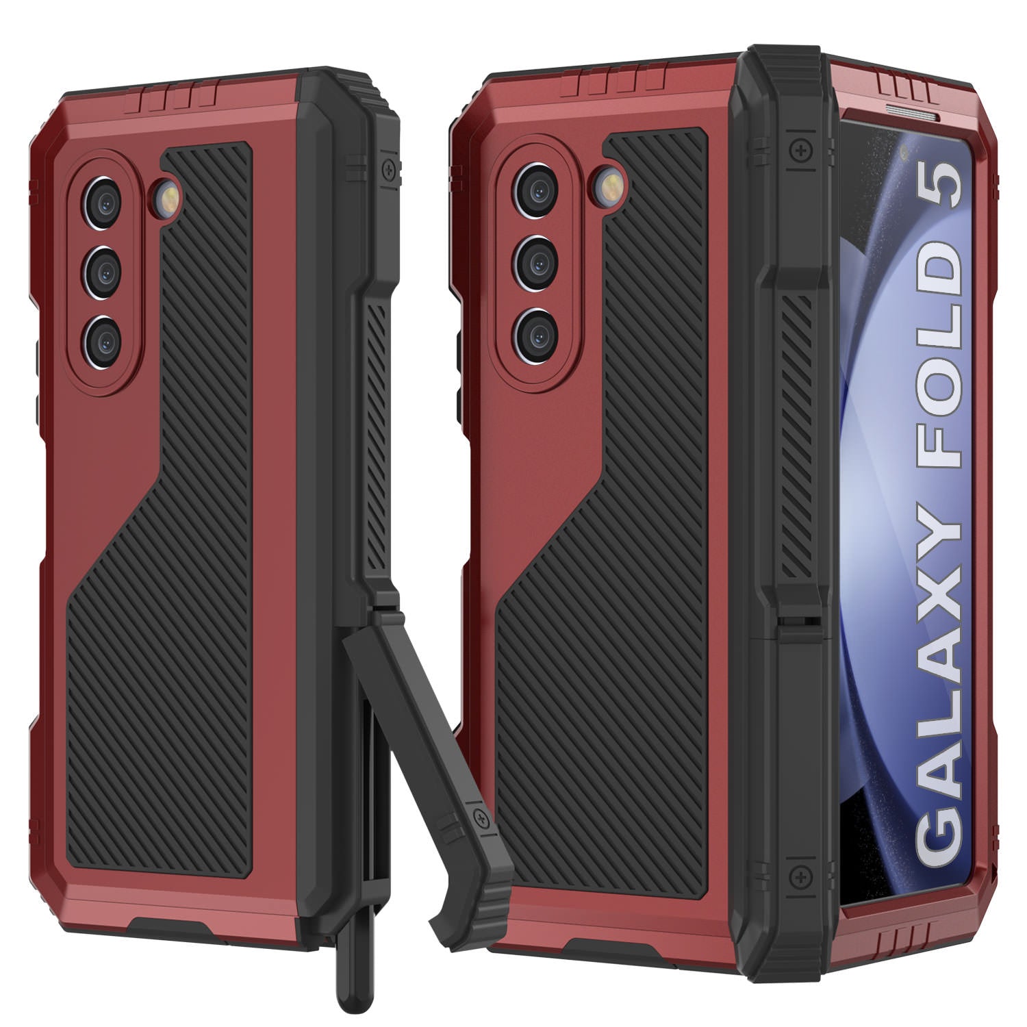 Galaxy Z Fold5 Metal Case, Heavy Duty Military Grade Armor Cover Full Body Hard [Red]