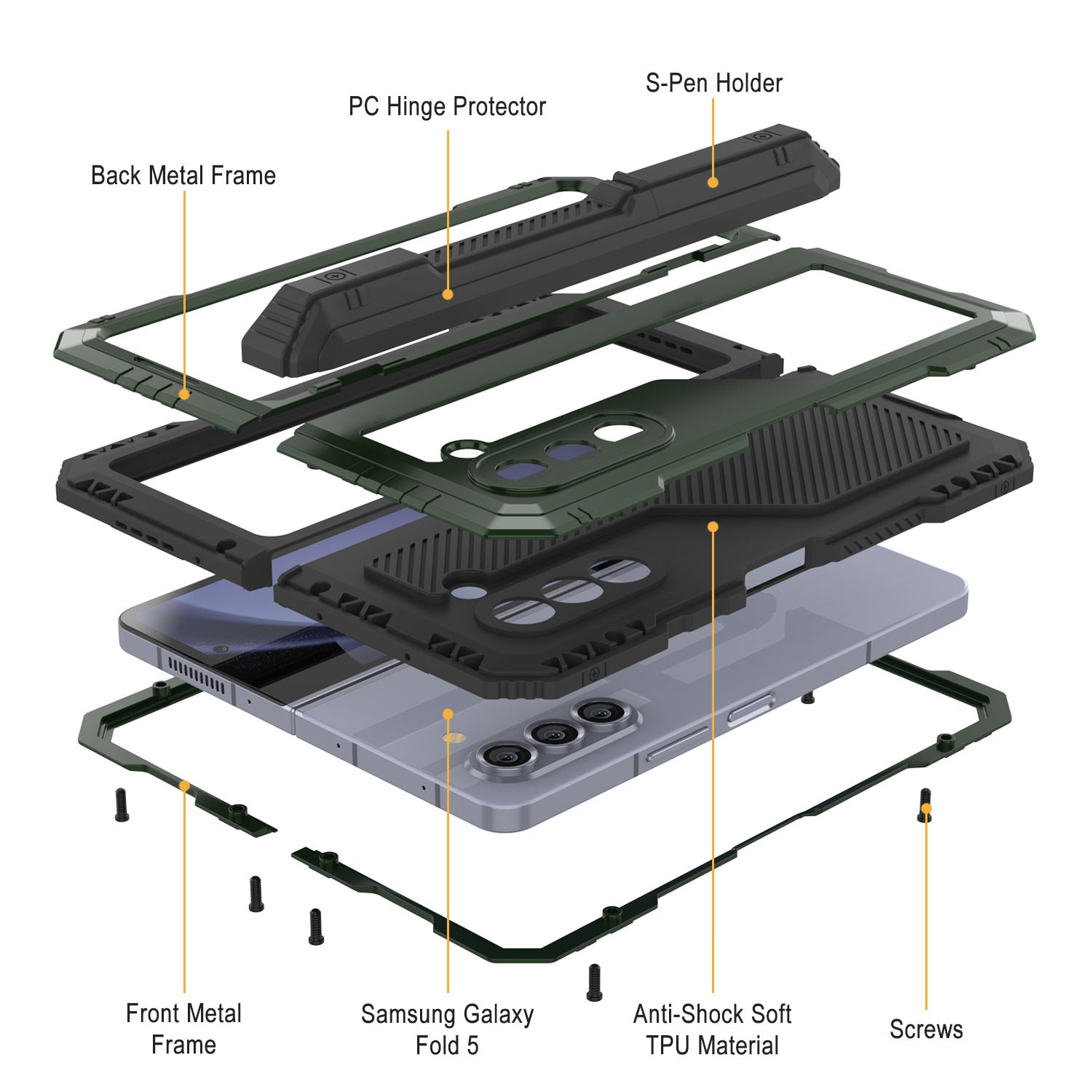 Galaxy Z Fold5 Metal Case, Heavy Duty Military Grade Armor Cover Full Body Hard [Dark Green]