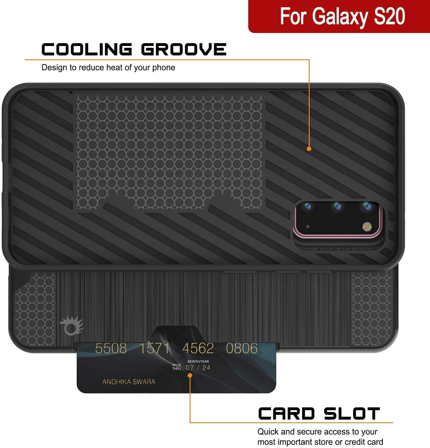 Galaxy S20 Case, PUNKcase [SLOT Series] [Slim Fit] Dual-Layer Armor Cover w/Integrated Anti-Shock System, Credit Card Slot [Black]
