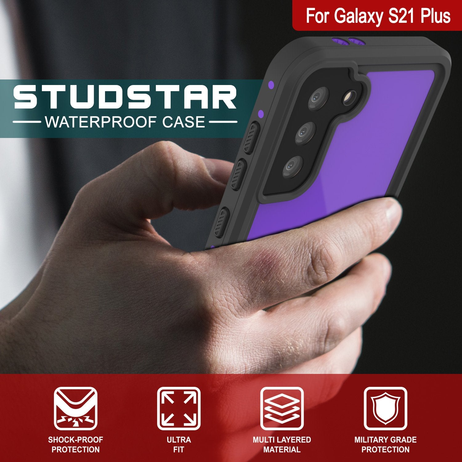 Galaxy S21+ Plus Waterproof Case PunkCase StudStar Purple Thin 6.6ft Underwater IP68 Shock/Snow Proof