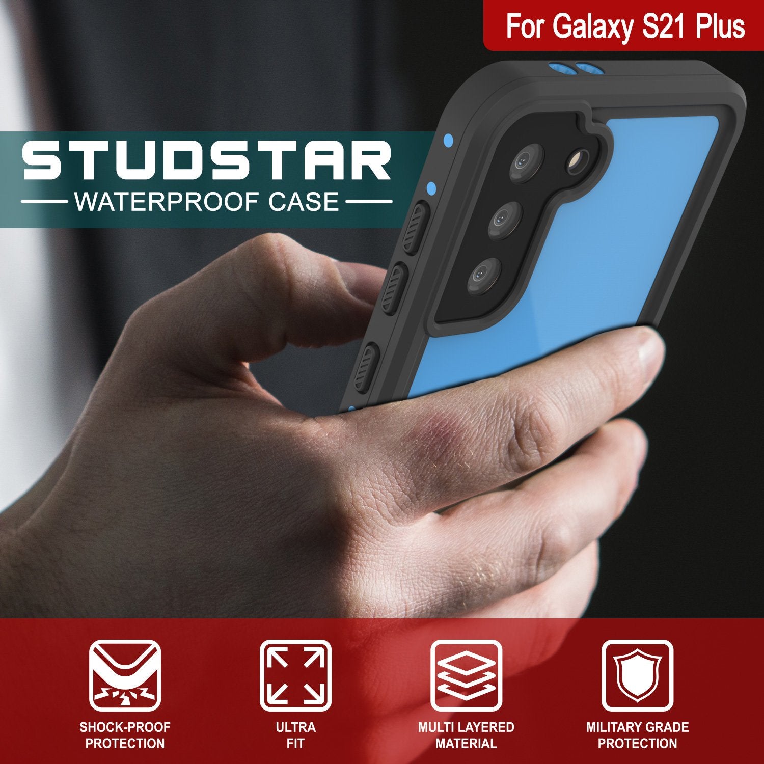 Galaxy S21+ Plus Waterproof Case PunkCase StudStar Light Blue Thin 6.6ft Underwater IP68 ShockProof