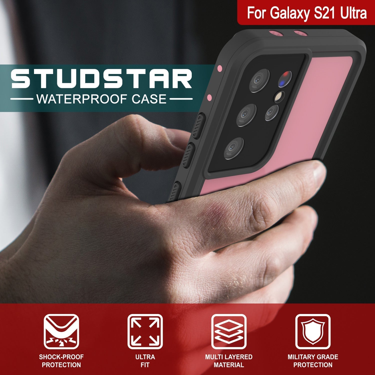 Galaxy S22 Ultra Waterproof Case PunkCase StudStar Pink Thin 6.6ft Underwater IP68 Shock/Snow Proof